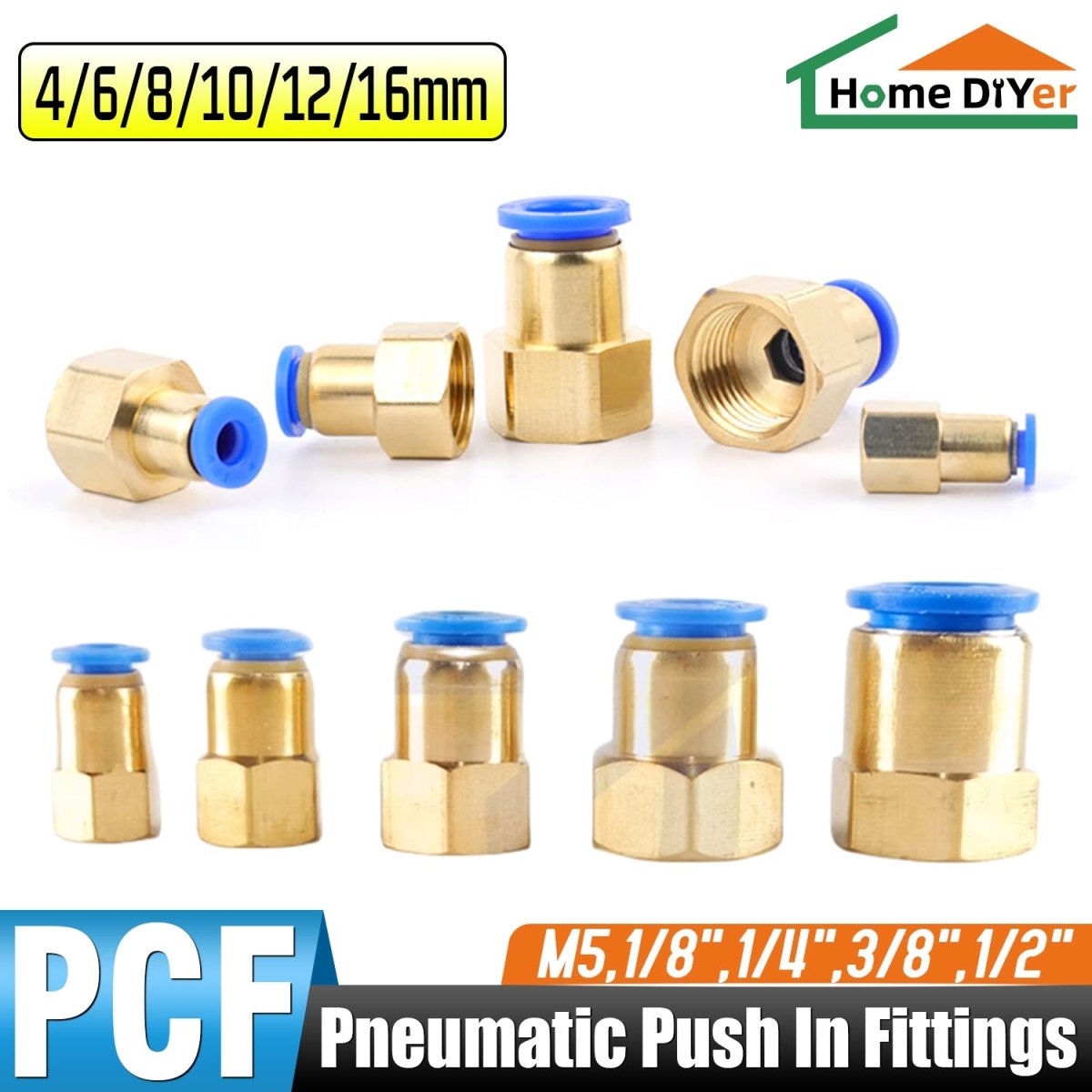 Female Stud Push In Straight Pneumatic Fittings Air Water Hose Tube Connector - HomeDIYer
