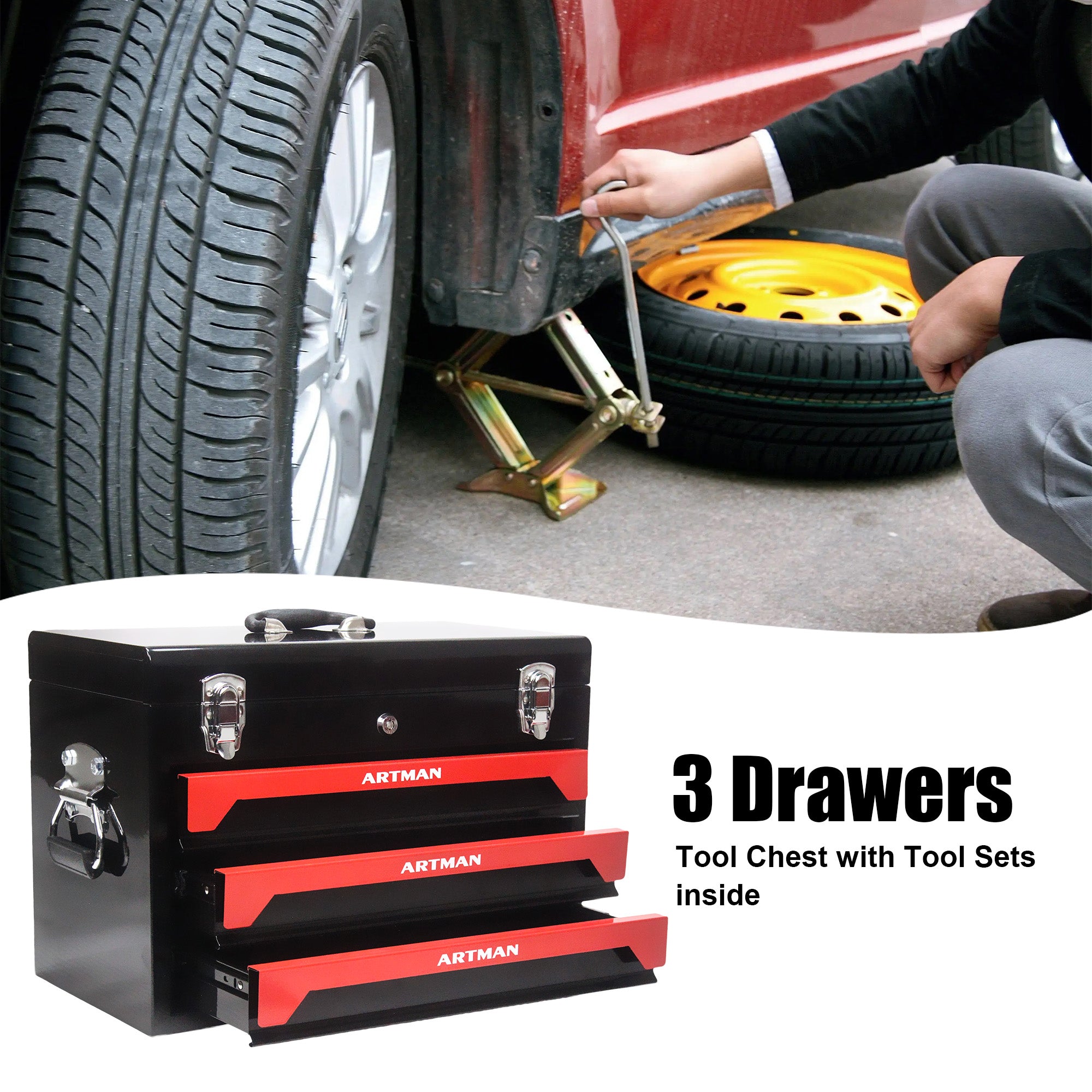 20" Portable 3 Drawer Steel Tool Box with Metal Latch Closure, Black&Red
