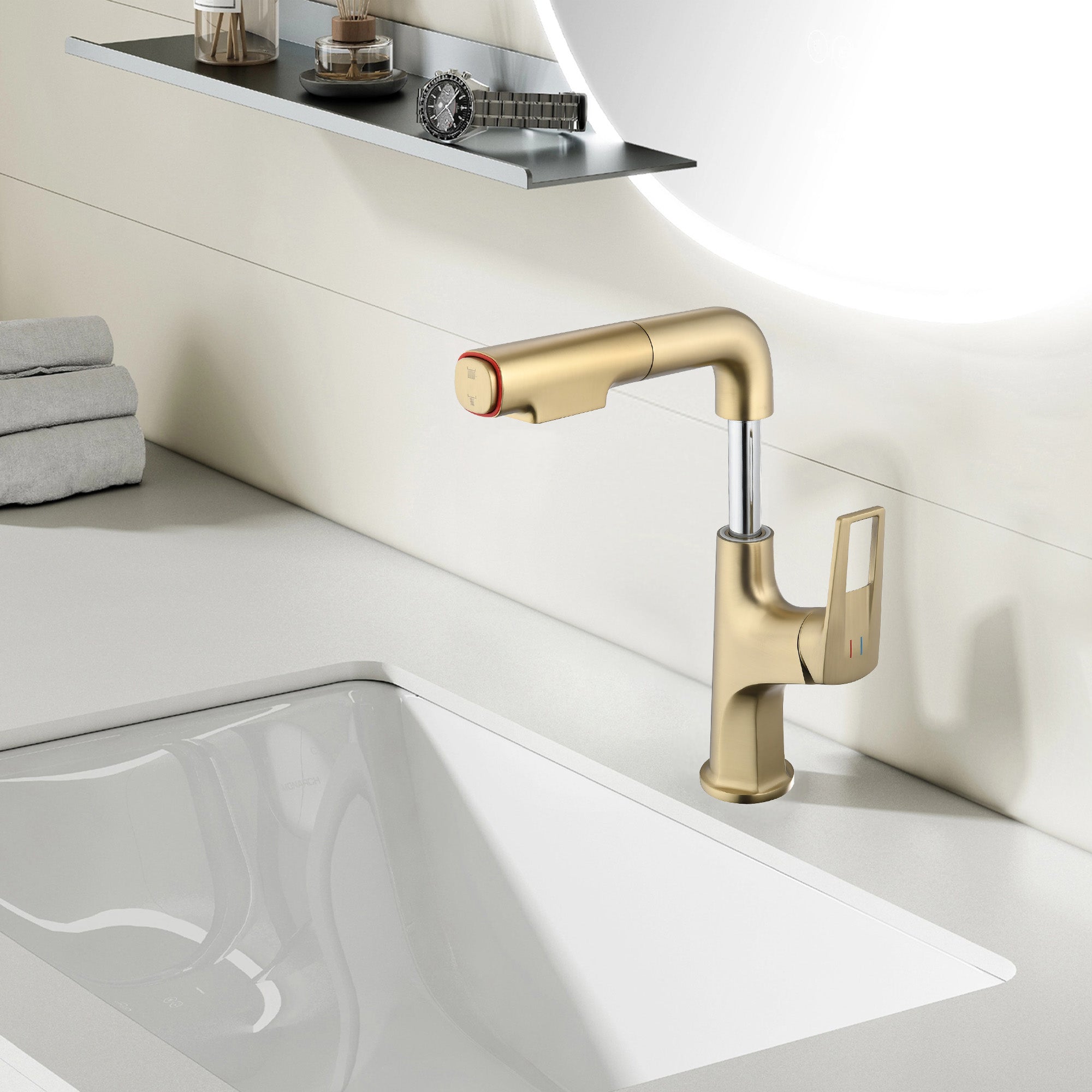 Brushed Gold Pull-Down Vessel Faucet - Single Hole Bathroom Sink Faucet with Lift Spout & Dual Spray Modes