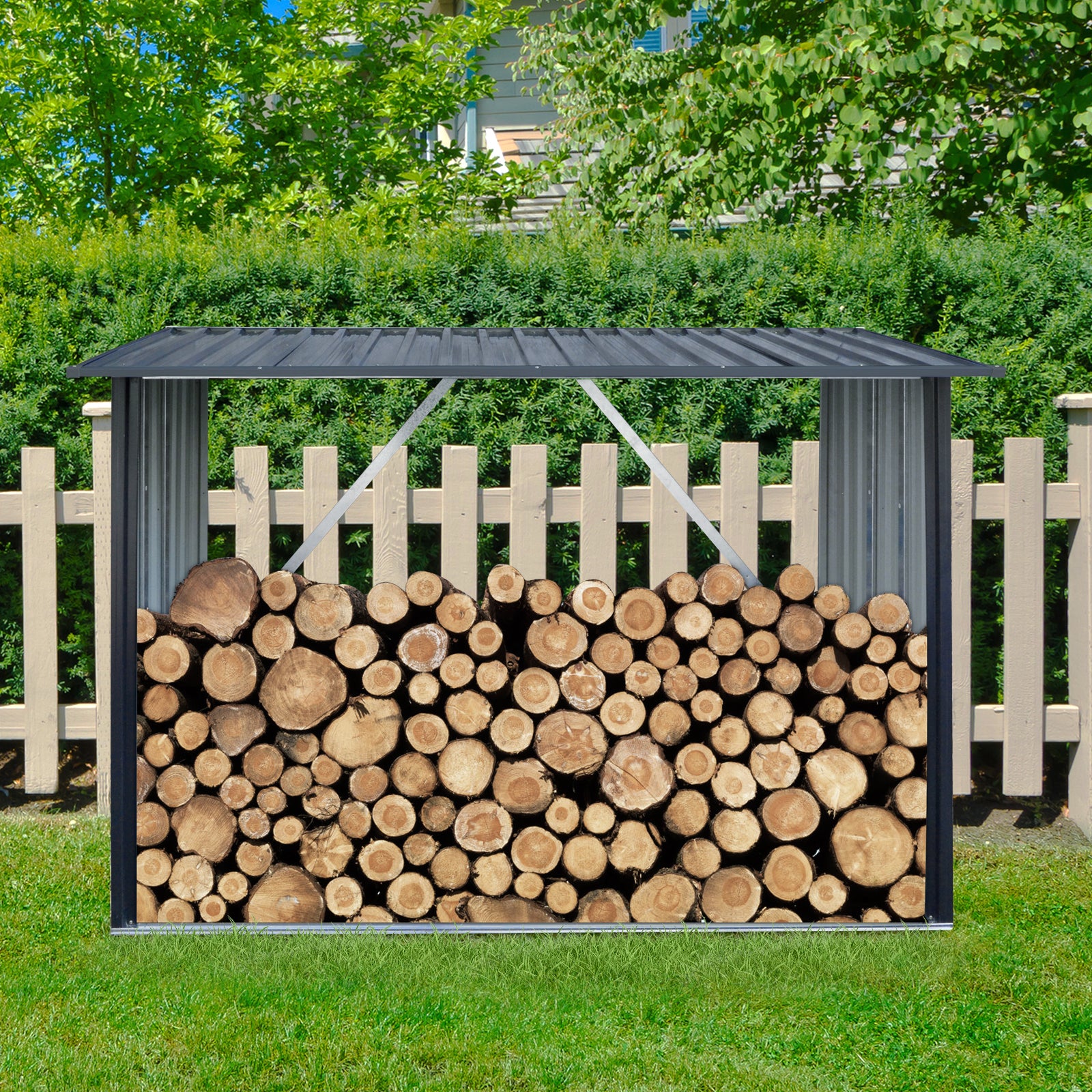 Outdoor Steel Firewood Rack with Sloped Roof Wood Shed — 85.5" Wide, Black