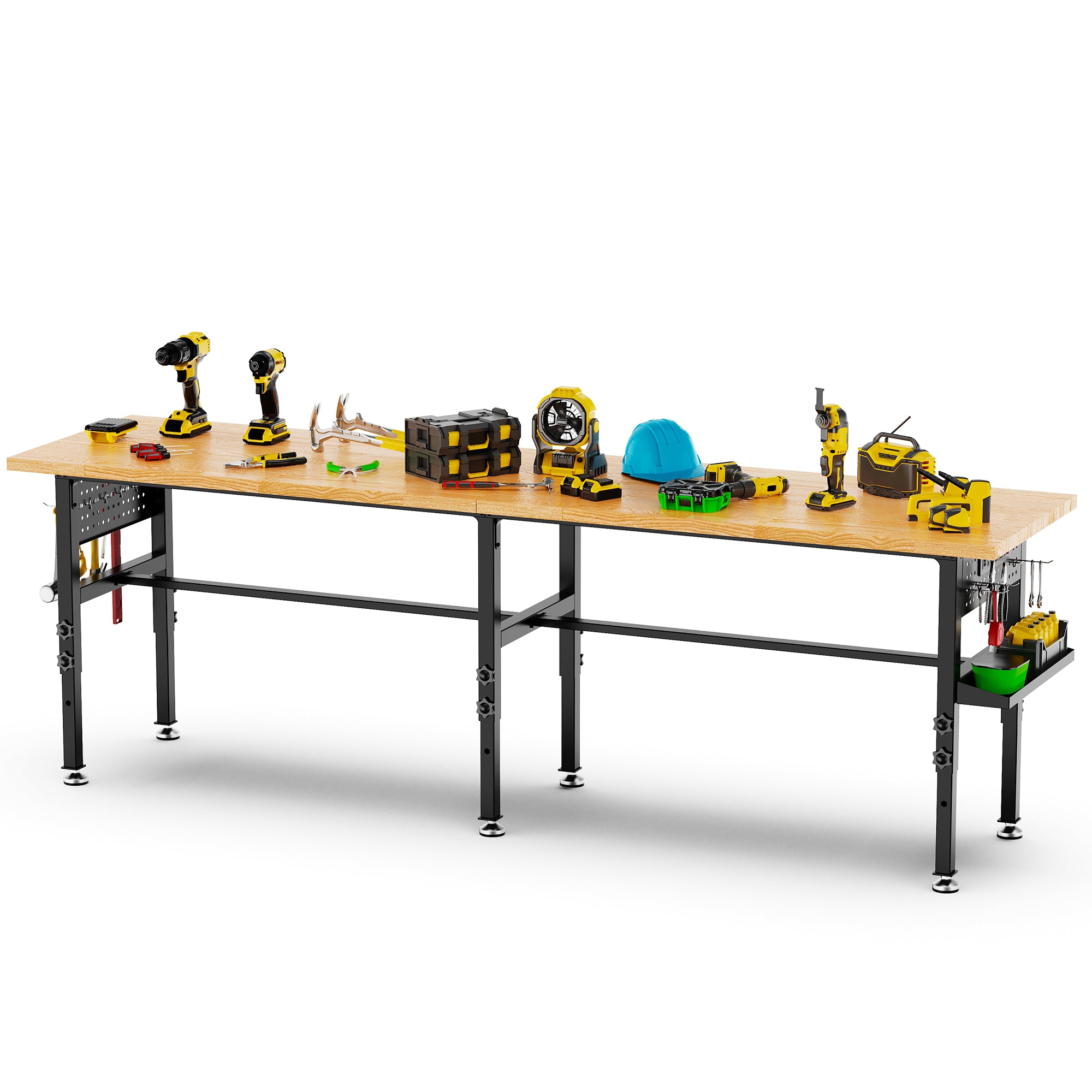 96" Adjustable Workbench with Side Pegboard, Solid Wood Top, 2000 lb Capacity, Power Outlet, Storage Box & Wheels