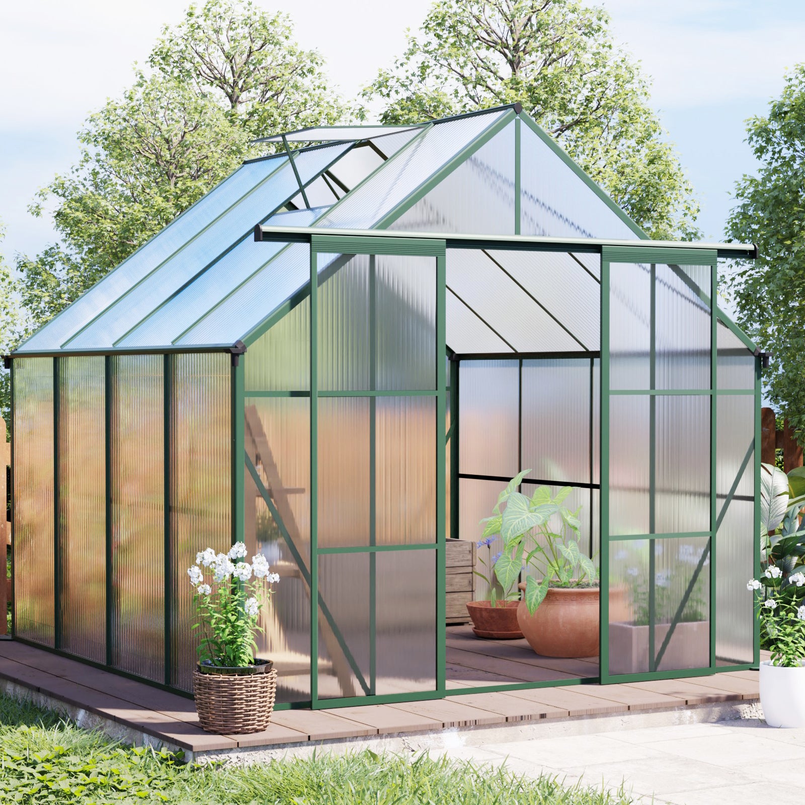 8ft x 8ft Heavy‑Duty Aluminum Walk‑In Greenhouse — Double Doors Polycarbonate Panels & Drainage System Green
