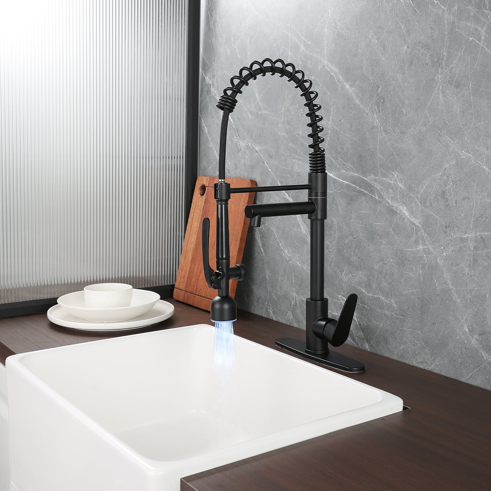 Kitchen Sink Faucet with LED Pull Down Sprayer, Commercial Single Handle High Arc Kitchen Faucet, Spring Sink Faucets with Deck Plate, Dual Spouts, Stainless Steel