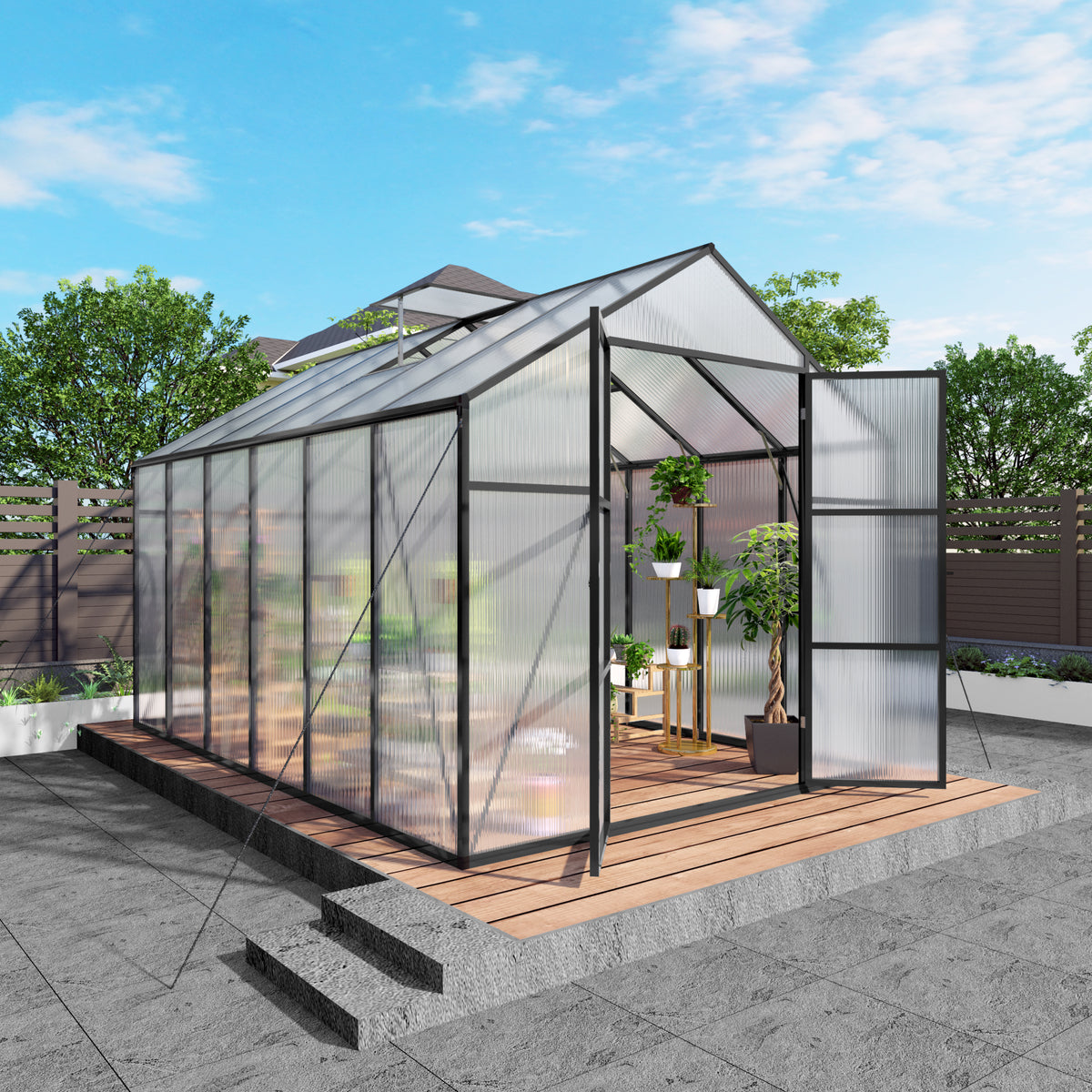 8ft x 12ft Heavy‑Duty Aluminum Walk‑In Greenhouse — 4mm Polycarbonate Panels Raised Base & Drainage System Black