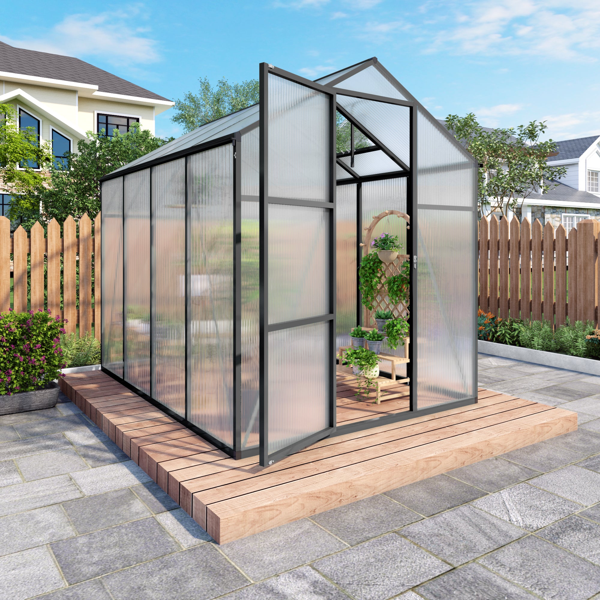 6ft x 8ft Heavy‑Duty Aluminum Walk‑In Greenhouse — Wind‑Resistant Polycarbonate Panels with Raised Base & Drainage System Black