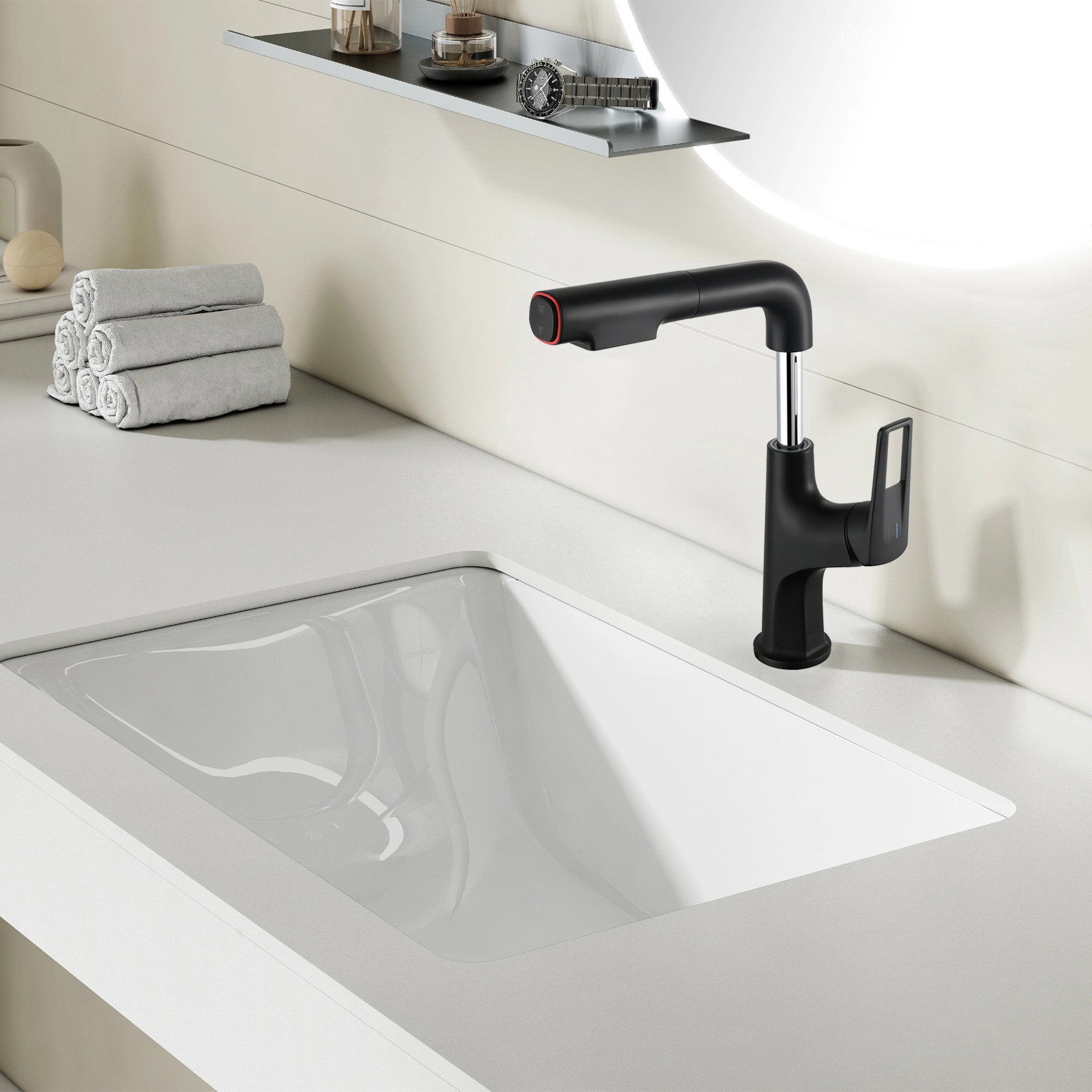 Matte Black Pull-Down Vessel Faucet - Single Hole Bathroom Sink Faucet with Lift Spout & Dual Spray Modes
