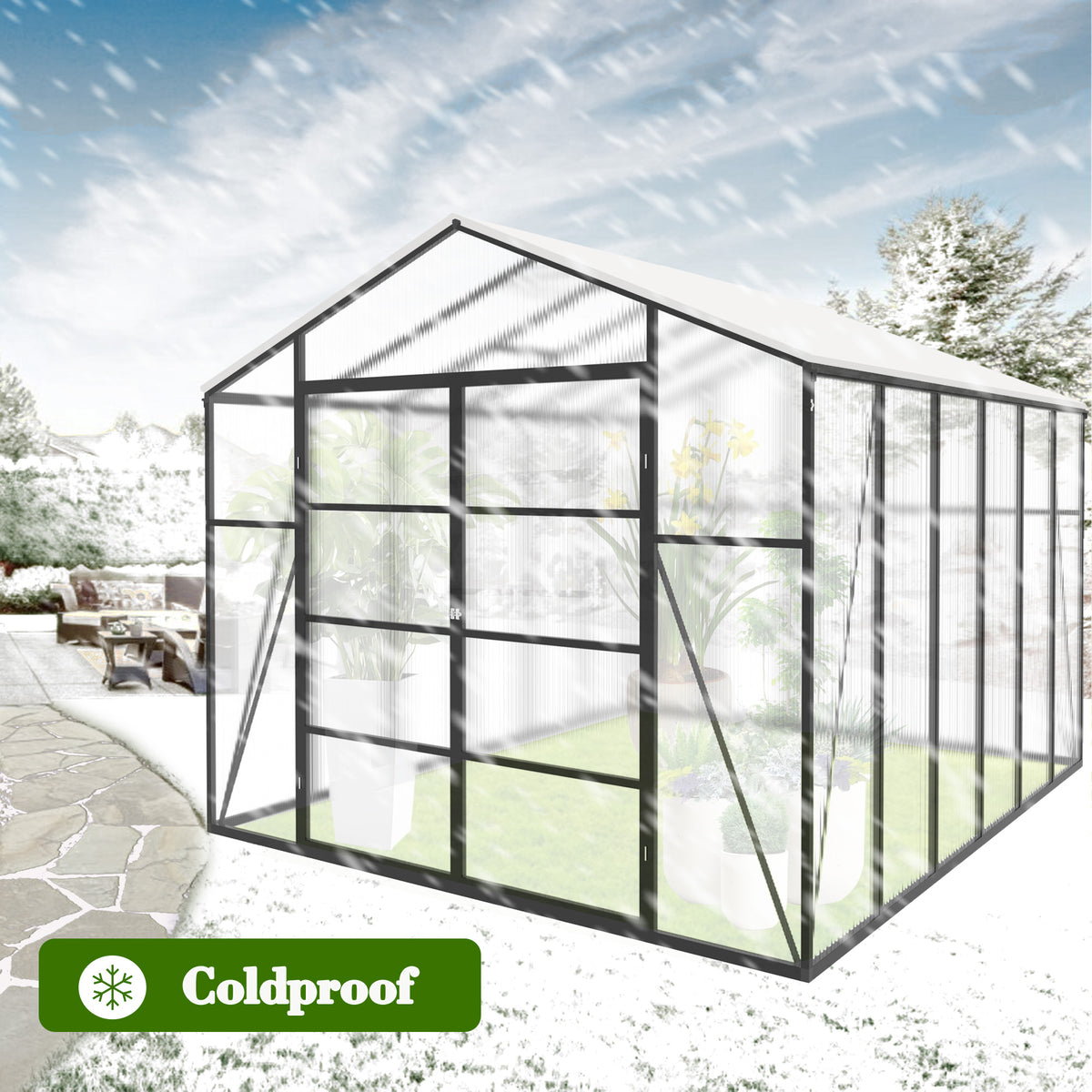 10ft x 12ft Heavy‑Duty Aluminum Walk‑In Greenhouse — Raised Base Polycarbonate Panels & Drainage System Black