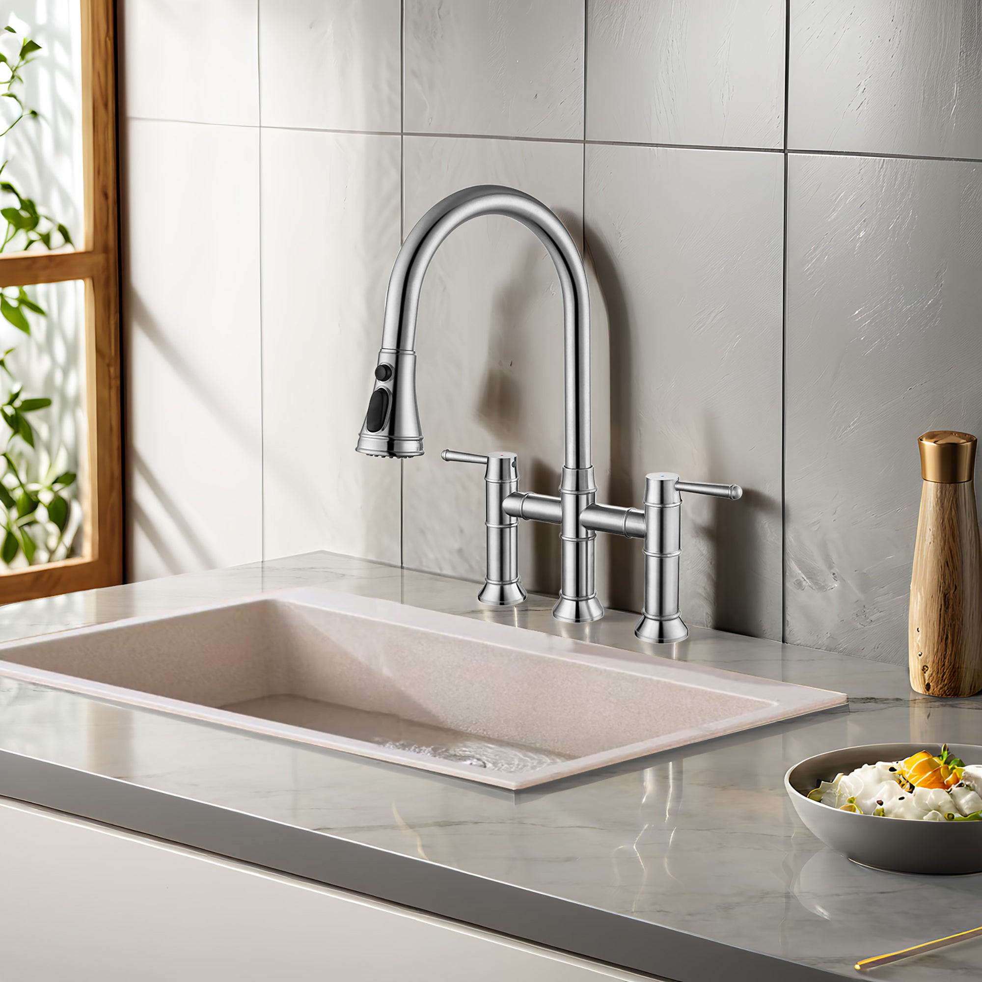 Bridge Kitchen Faucet Pull Down Sprayer Spot Free Stainless Steel Commercial Grade