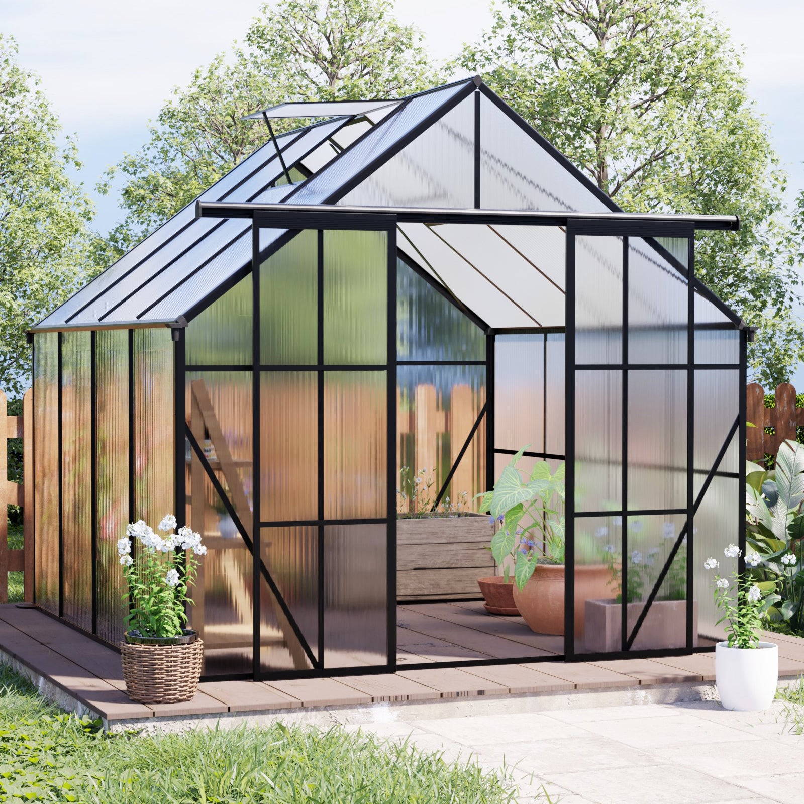 8ft x 8ft Heavy‑Duty Aluminum Walk‑In Greenhouse — Double Doors Polycarbonate Panels Raised Base & Drainage System Black
