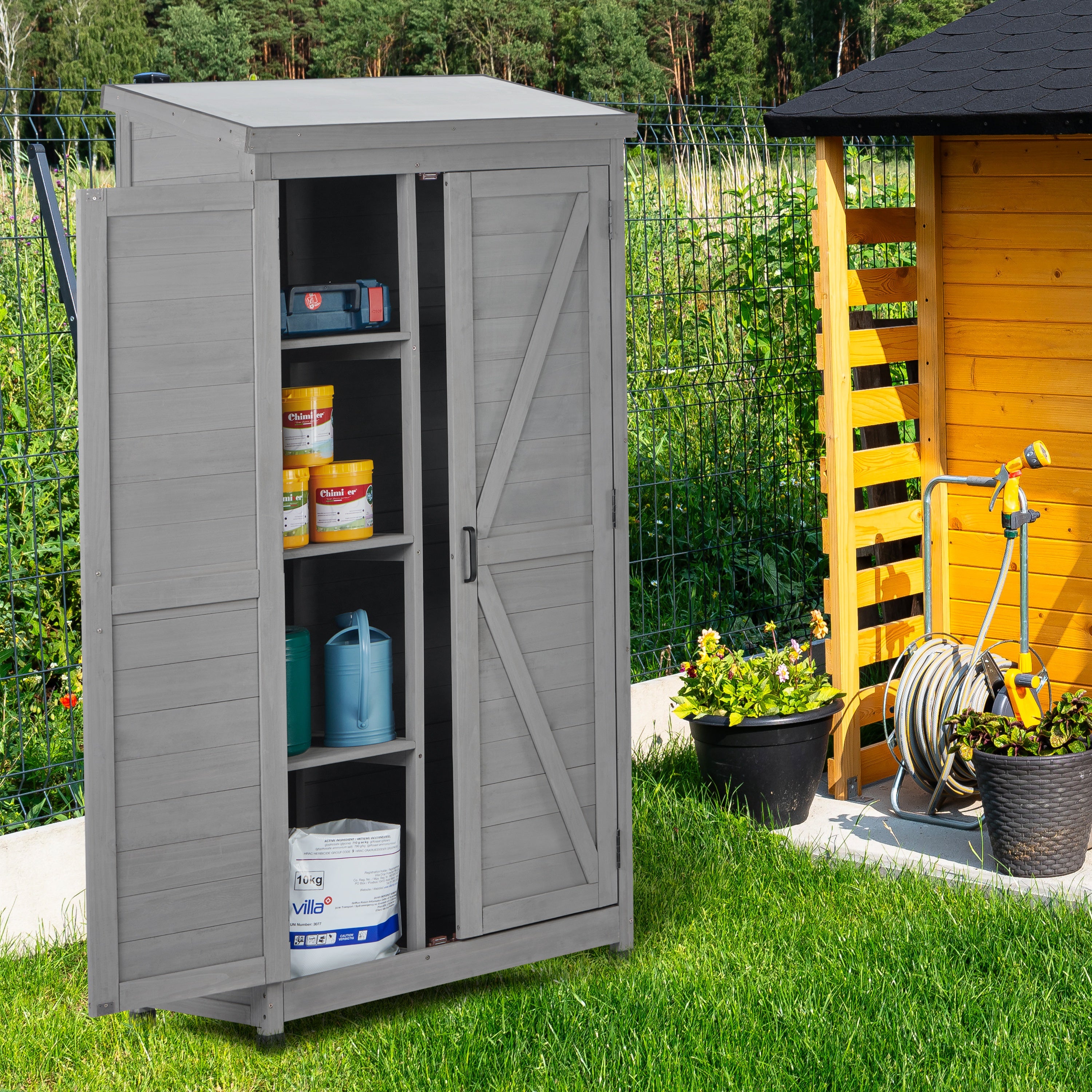 68" Outdoor Storage Cabinet – Tall Wood Garden Shed with Metal Top