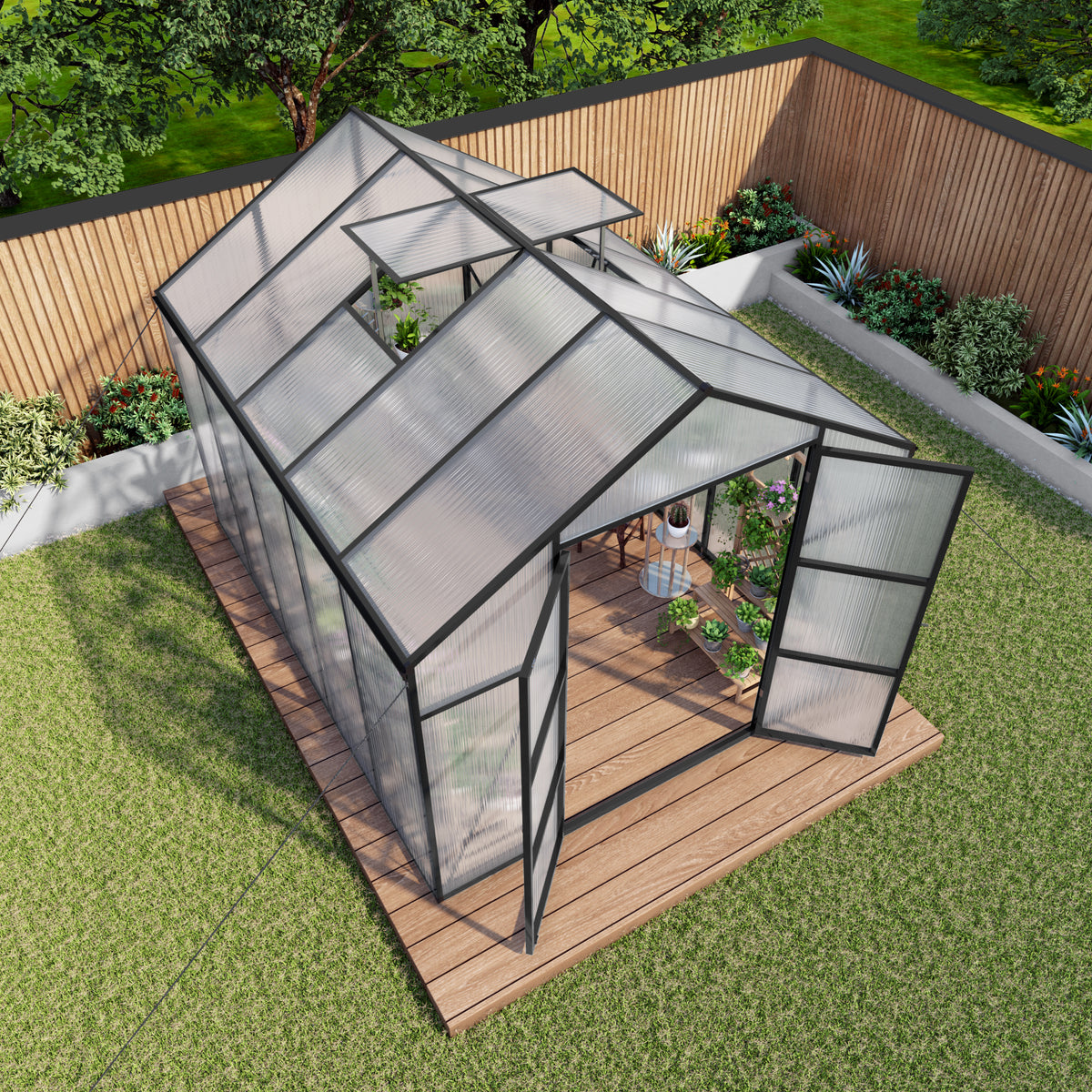 8ft x 10ft Heavy‑Duty Aluminum Walk‑In Greenhouse — 4mm Polycarbonate Panels Drainage System & Adjustable Vents Black