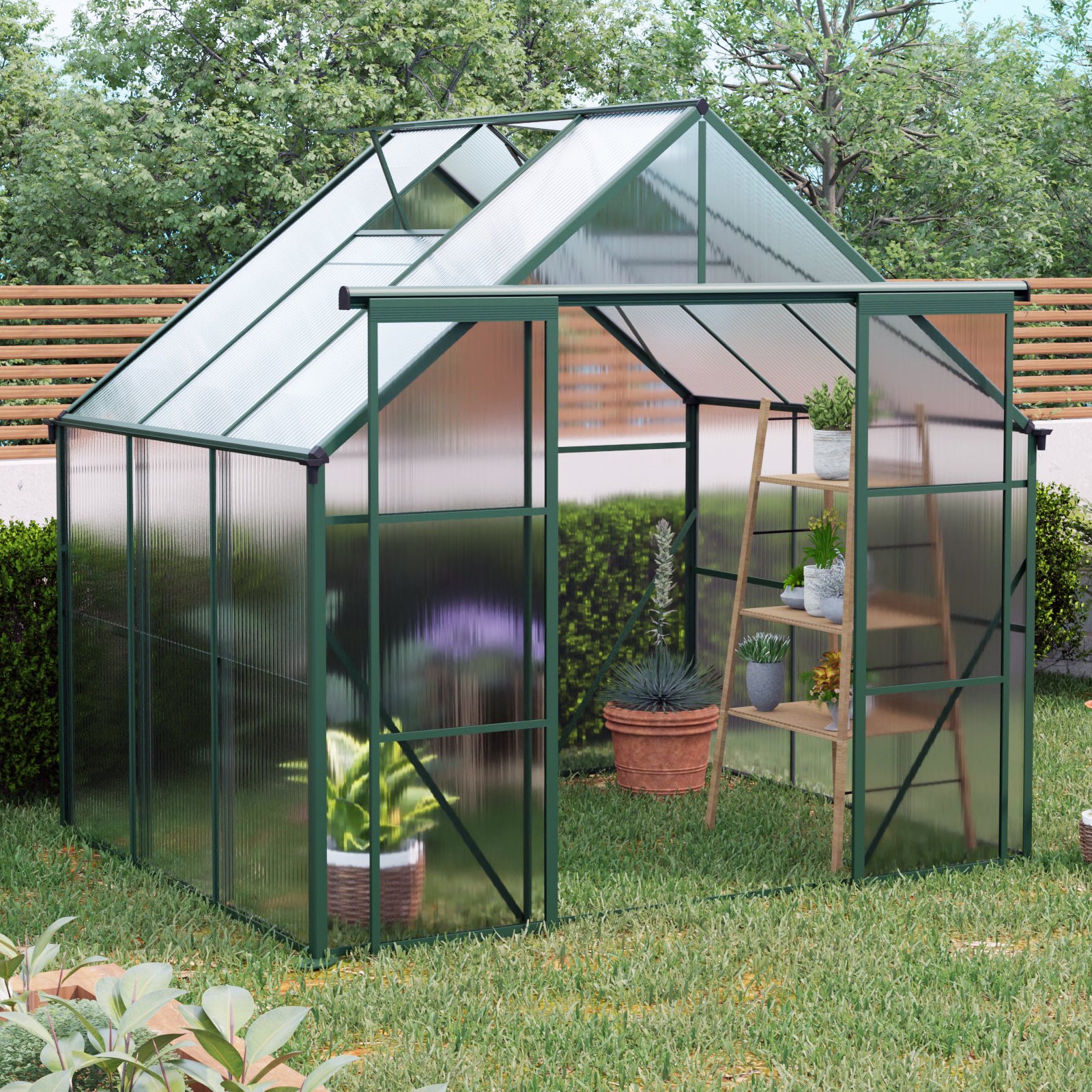 8ft x 6ft Heavy‑Duty Aluminum Walk‑In Greenhouse — Double Doors Adjustable Roof & Polycarbonate Panels Green