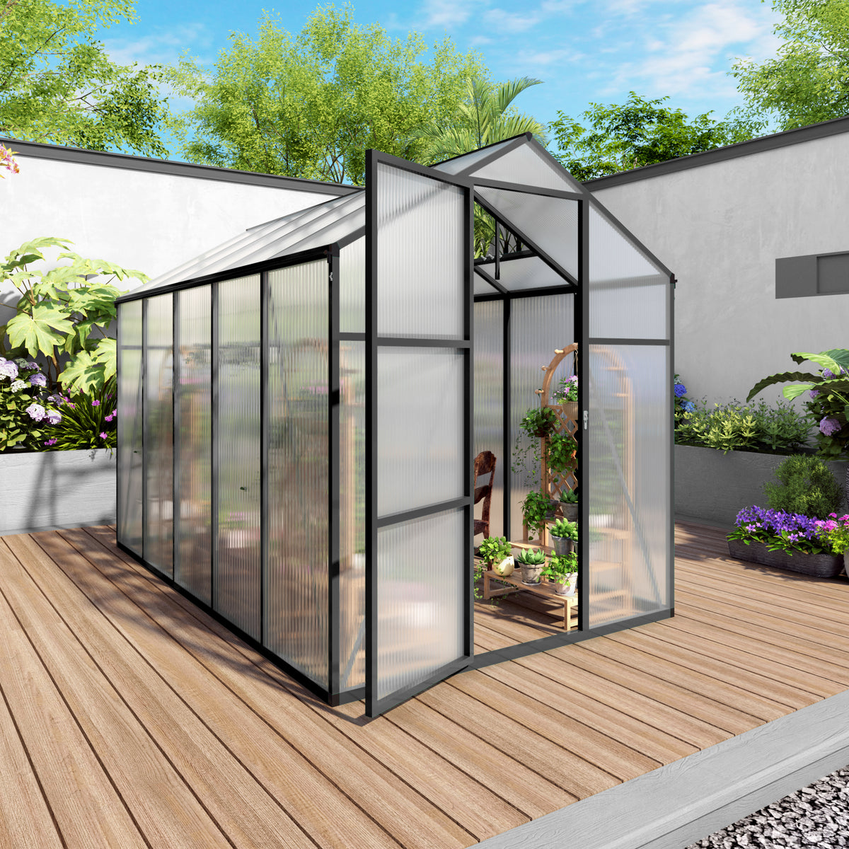 6ft x 10ft Heavy‑Duty Aluminum Walk‑In Greenhouse — Wind‑Resistant Polycarbonate Panels with Raised Base & Drainage System Black