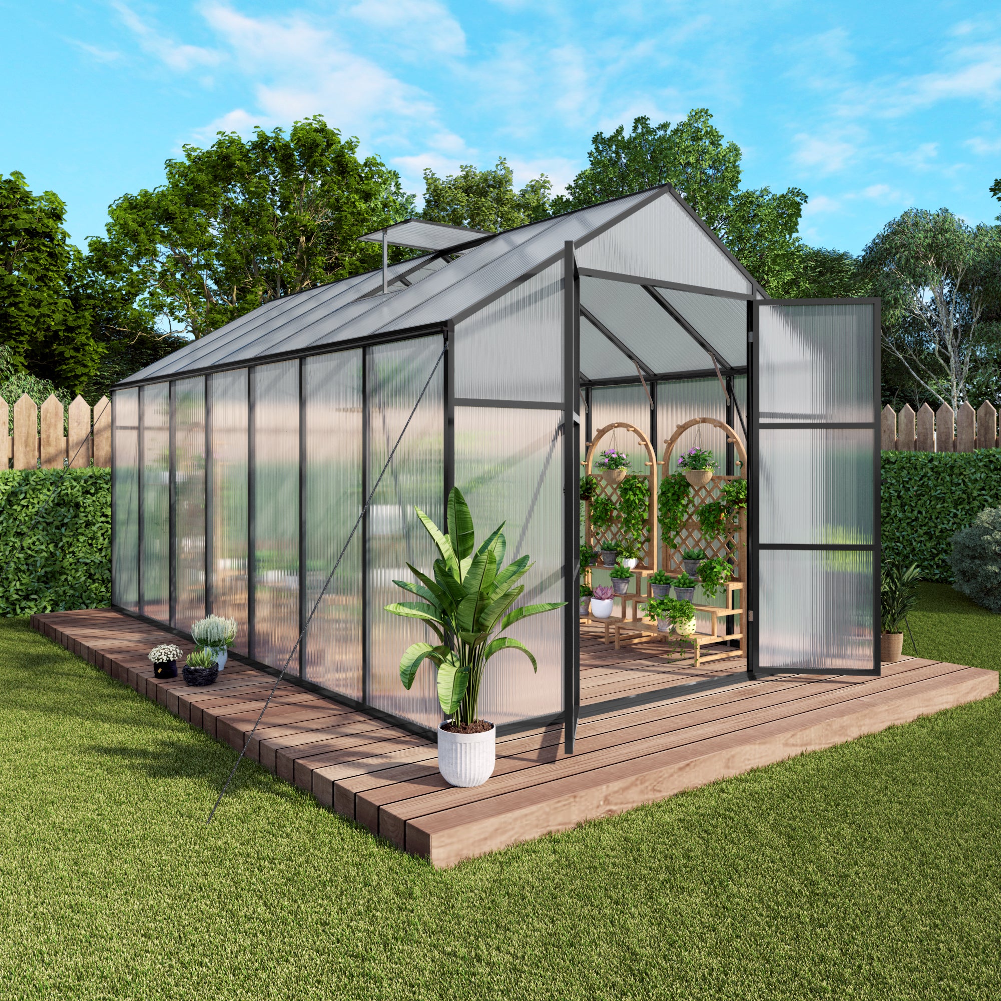 8ft x 14ft Heavy‑Duty Aluminum Walk‑In Greenhouse — Raised Base Polycarbonate Panels & Drainage System Black