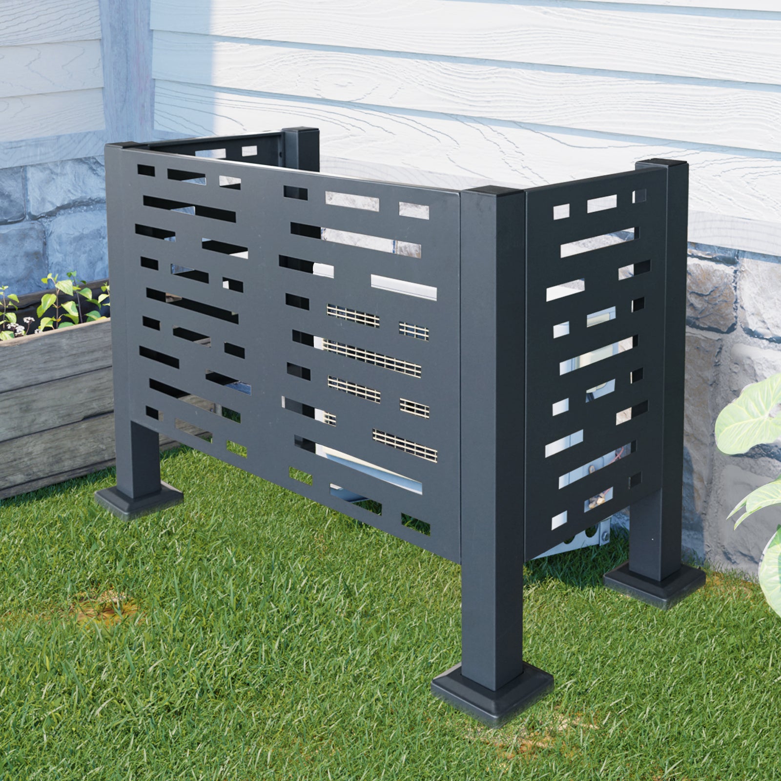 3 x 2 FT Metal Air Conditioner Privacy Fence — 3‑Panel Charcoal AC Cover, Freestanding Enclosure