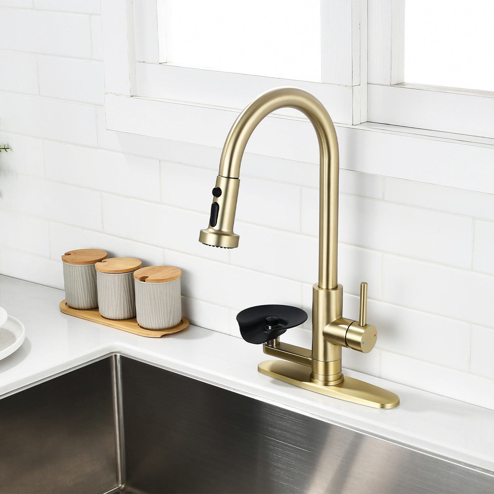 3-in-1 Kitchen Faucet with Press-Type Glass Rinser, Universal for 1 & 3 Holes, High-Arc Pull-Down Sprayer with 3 Function Spray Mode, Brushed Gold Finish