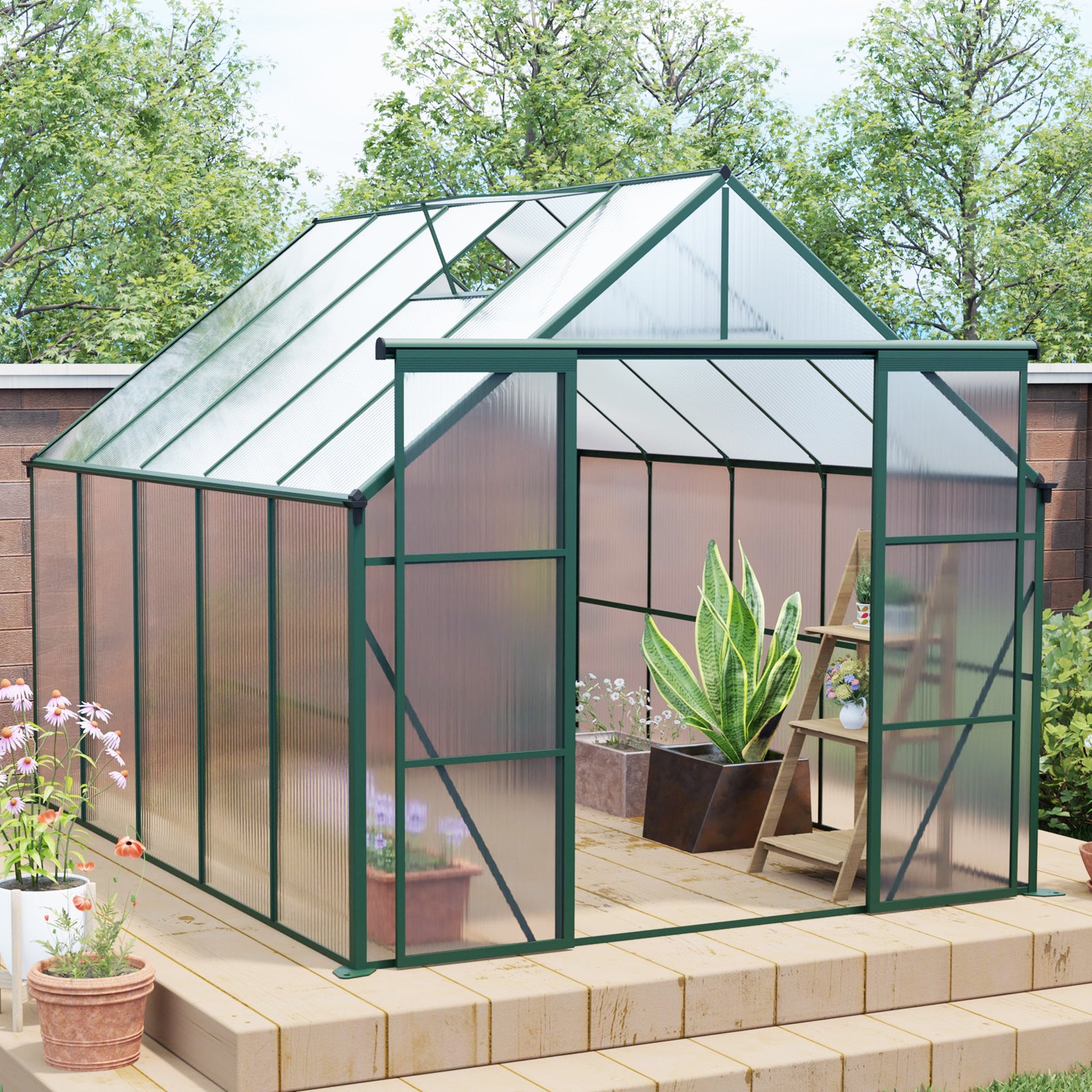 8ft x 10ft Heavy‑Duty Aluminum Walk‑In Greenhouse — Double Doors Adjustable Roof & Polycarbonate Panels Green