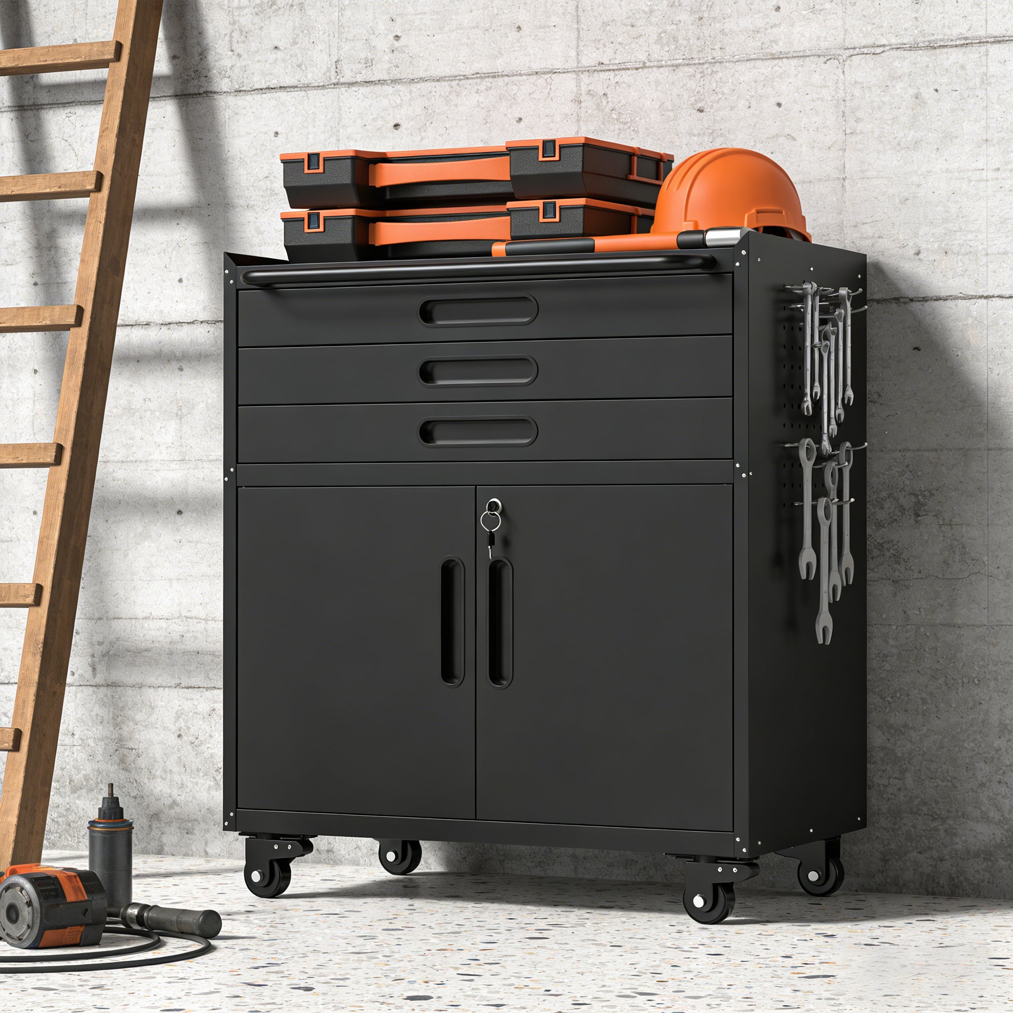 34.3" Rolling Metal Tool Cabinet with Lockable Doors, 3 Drawers & Pegboard Sides