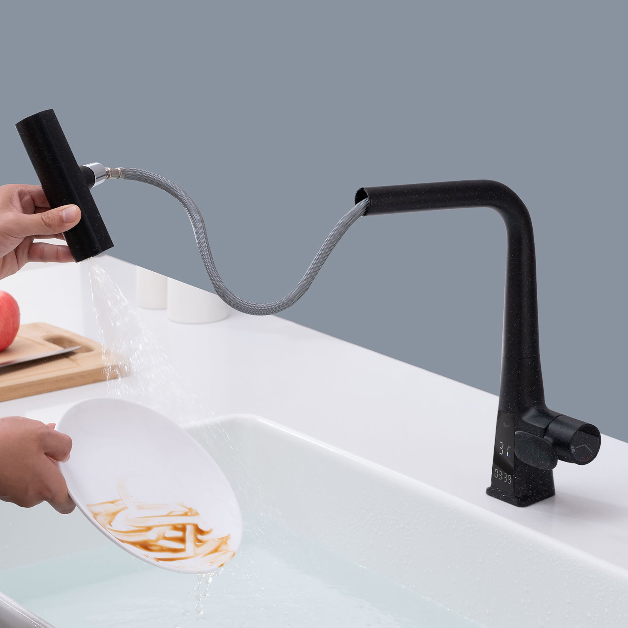 Matte Black Waterfall Kitchen Faucet with Temperature Display, Single Handle Kitchen Faucet with Pull Down Sprayer, Modern Kitchen Sink Faucet, Three Water Outlet Modes