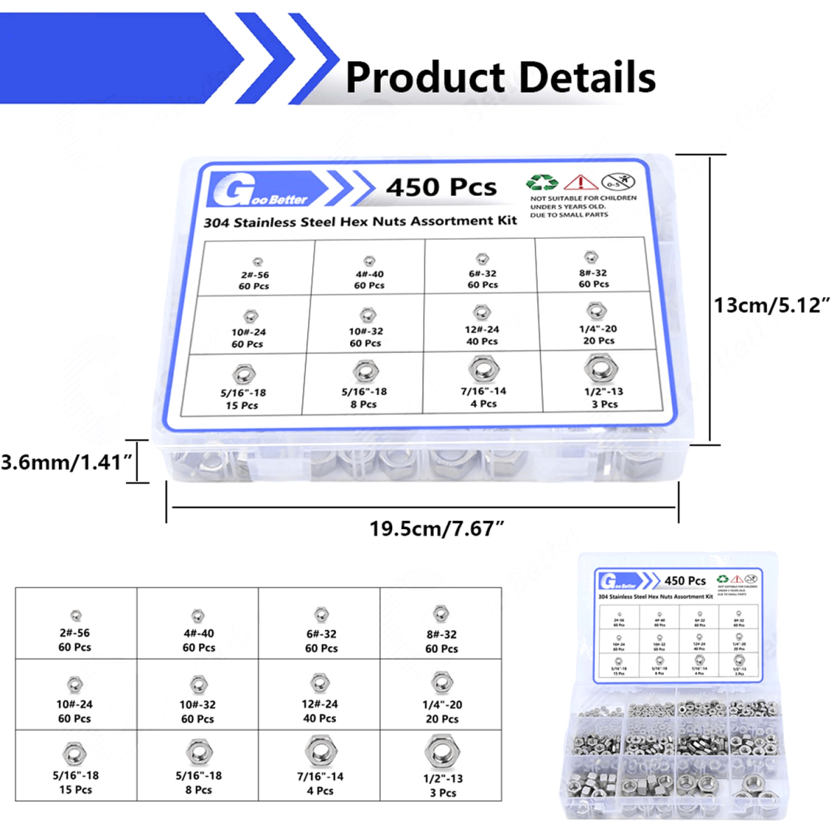 450 Pcs 2 - 1/2" 304 A2 Stainless Steel Hex Nuts Assortment Kit For Screws Bolt - HomeDIYer