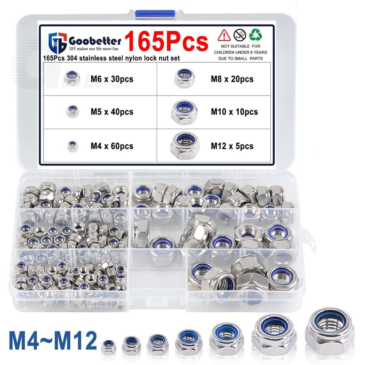 M4 M5 M6 M8 M10 M12 Nut Nylon Insert Lock Hex Nut Kits A2 Stainless Steel Metric - HomeDIYer