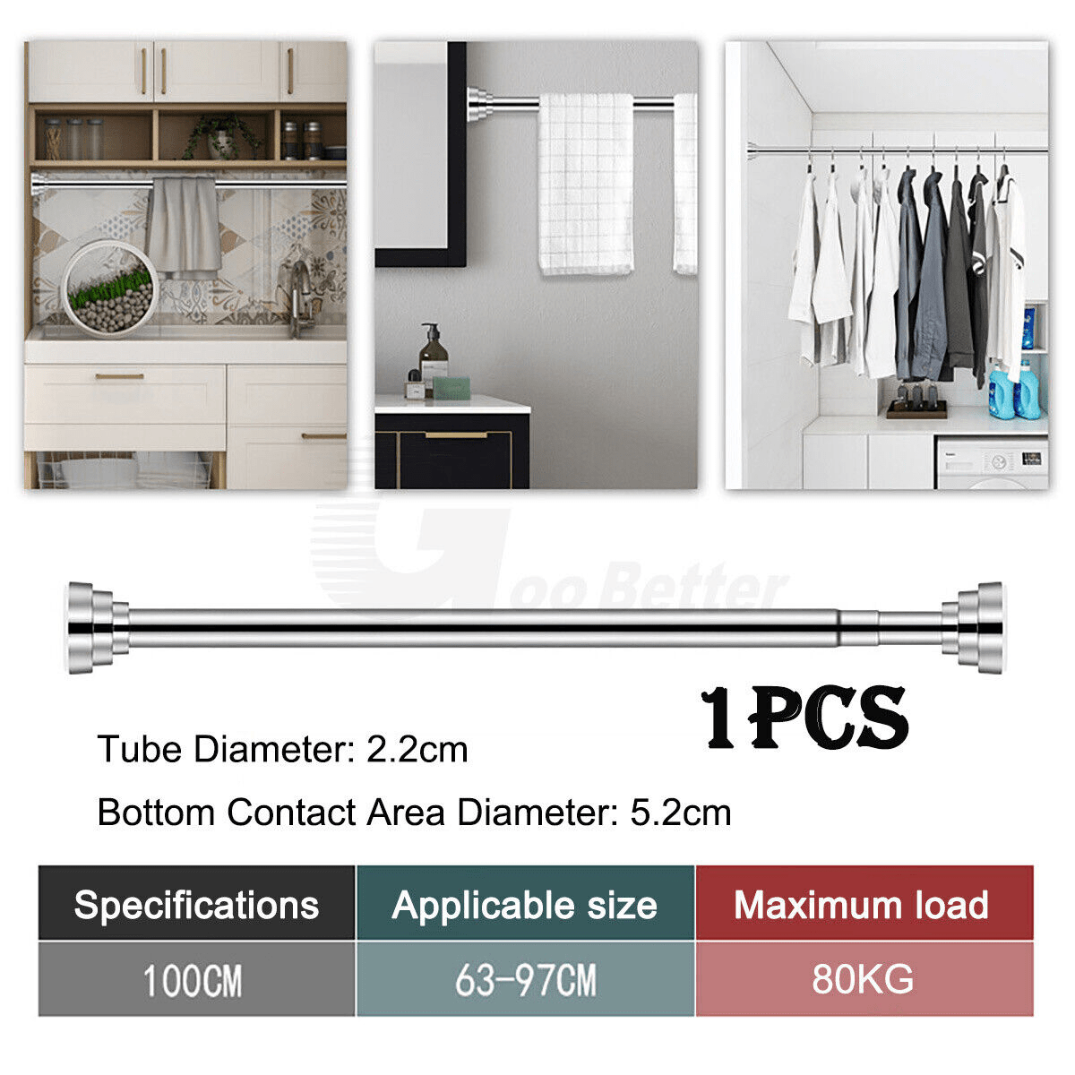 100cm Shower Curtain Rail Rod Spring Extendable Stainless Steel Telescopic Pole - HomeDIYer