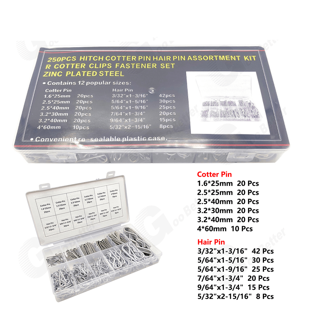 250Pcs Hair Pin & Cotter Pin R Clip Assortment Kit Zinc Plated for Fastener Clip - HomeDIYer