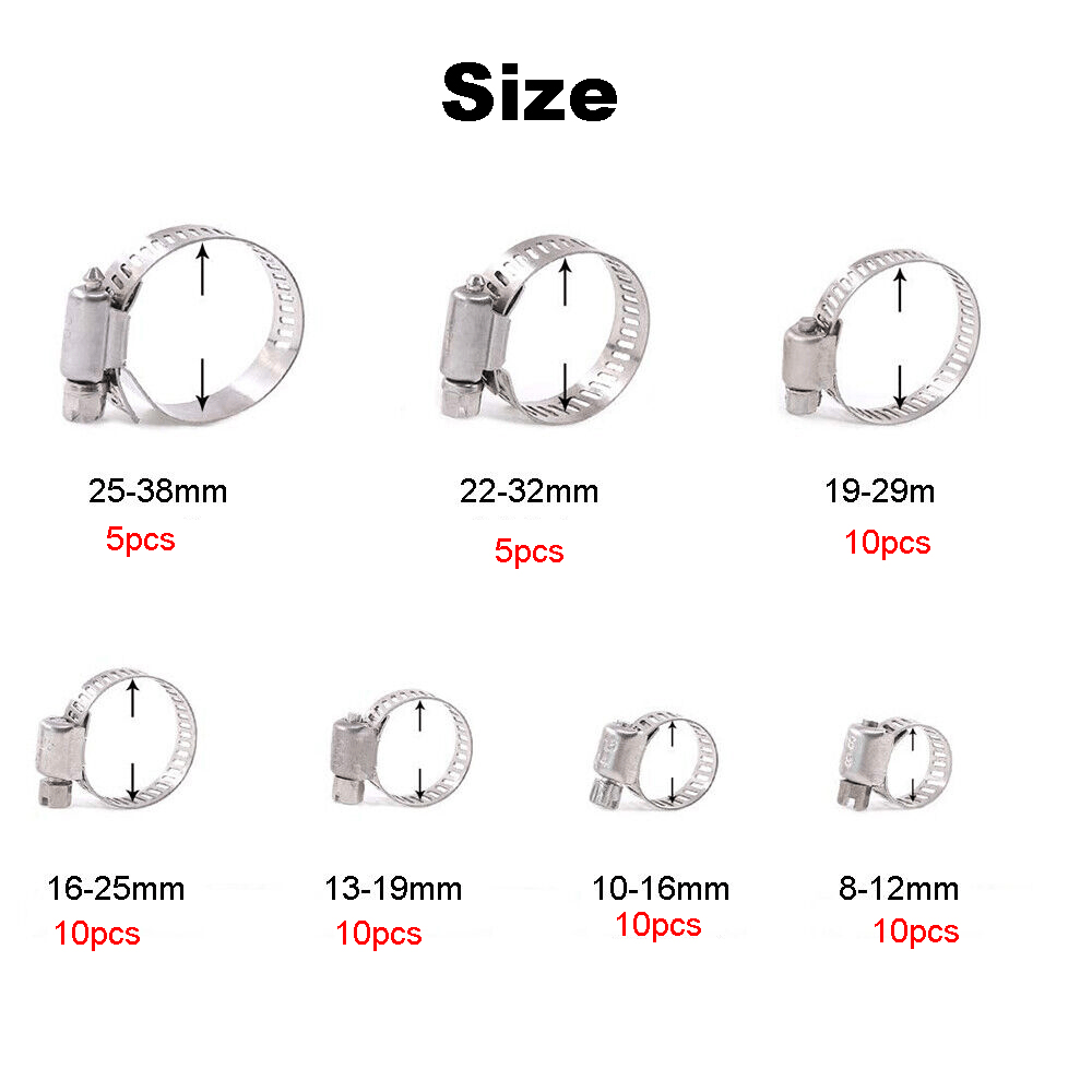 60pcs Adjustable Hose Clamps Stainless Steel 8 - 38mm Fuel Line Clamp Assortment - HomeDIYer
