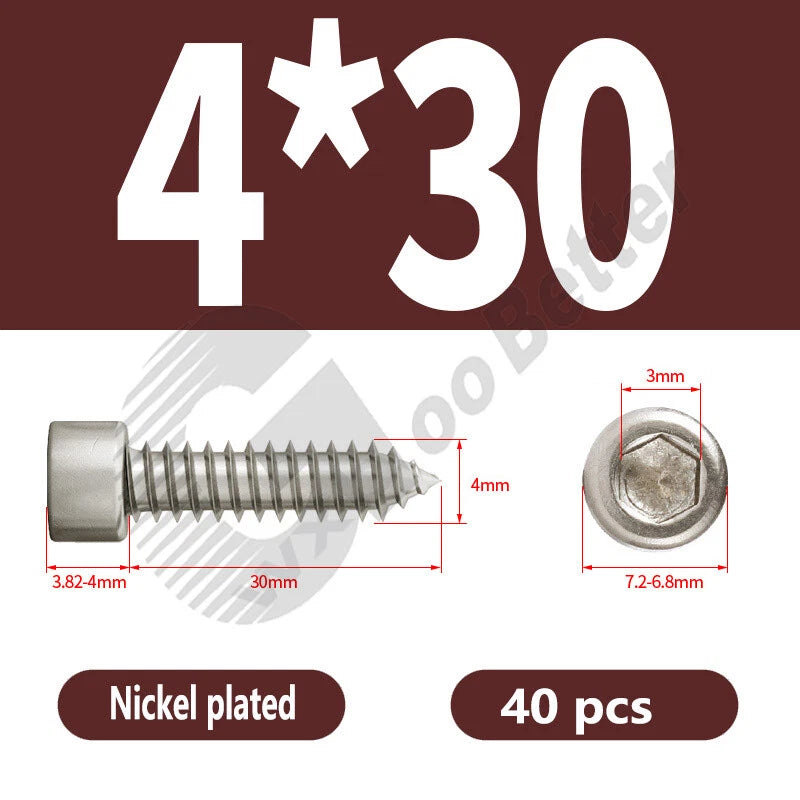 M1.7 M2 M2.3 M2.6 M3 M3.5 M4 M5 M6 Socket Head Self‑Tapping Screws – Alloy Steel, Nickel or Black Zinc
