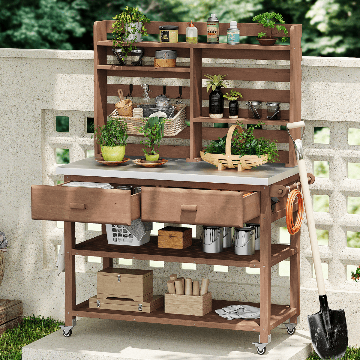 64.9"H Outdoor Potting Bench Table with Lockable Wheels, Solid Wood Outdoor Kitchen Island with Upper Hutch, Stainless Steel Top, Towel Rack ,Outdoor Storage for Grilling, Lawn Garden - Brown - HomeDIYer