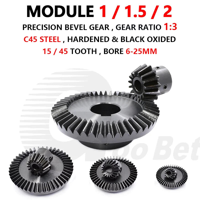Module 1 1.5 2 Bevel Gear C45 Steel Gear Ratio 1:3 15-45 Tooth Hardened Black