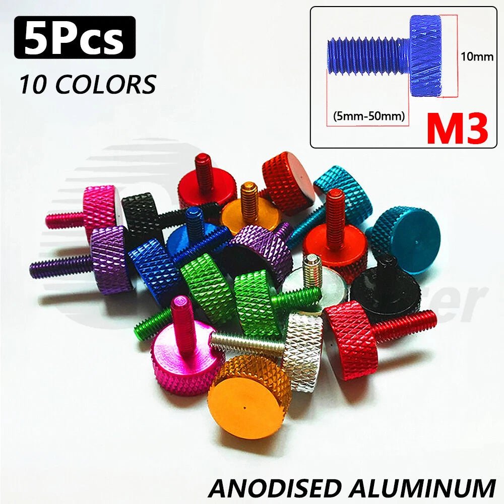 M3 Aluminum Knurled Thumb Screws – 5‑Pack, 5–50mm, Anodized 10 Colors, Hand Grip Bolts - HomeDIYer