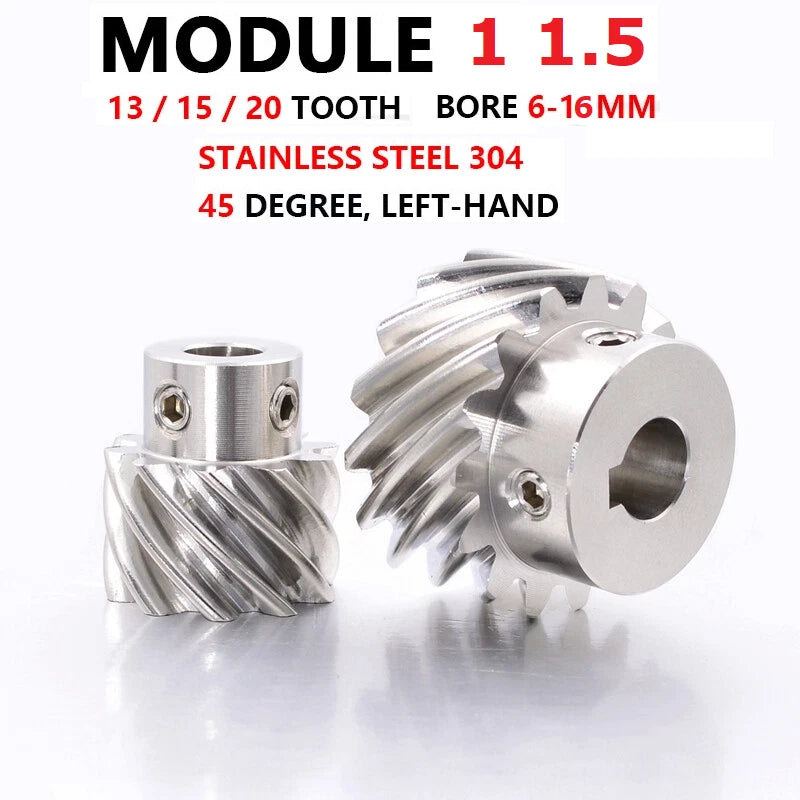Module 1 1.5 Helical Gear 304 Stainless Steel 45° Left-hand 13/15/20T Teeth