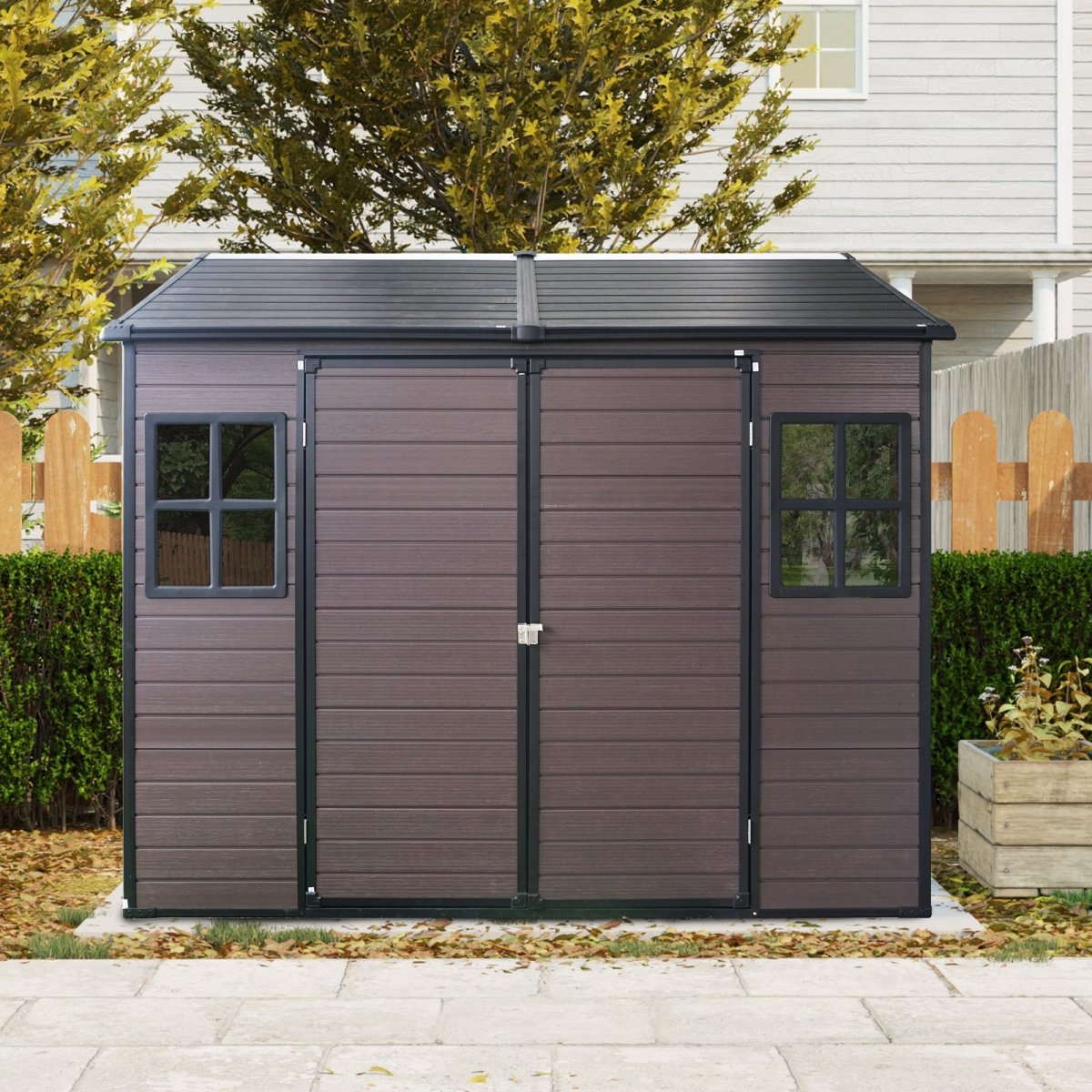 8 x 6 ft Resin Outdoor Storage Shed Waterproof Shed with Floor & Two Windows & Lockable Door, Tool Shed for Garden, Patio, Backyard ( Brown) - HomeDIYer