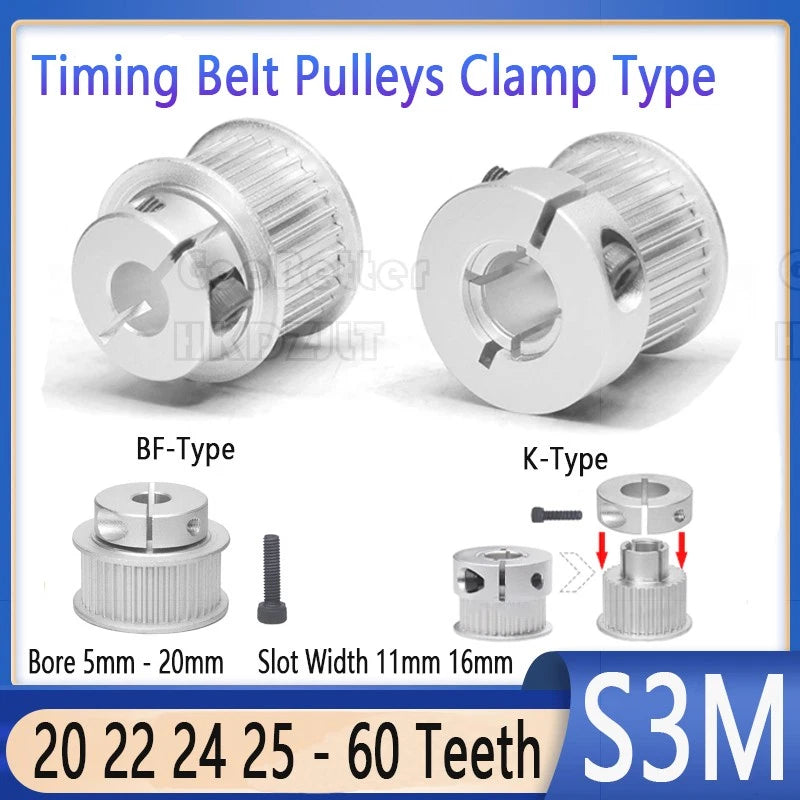 S3M Timing Belt Pulleys 20-60 Teeth 5-20mm Bore Synchronous Wheel Printer Clamp