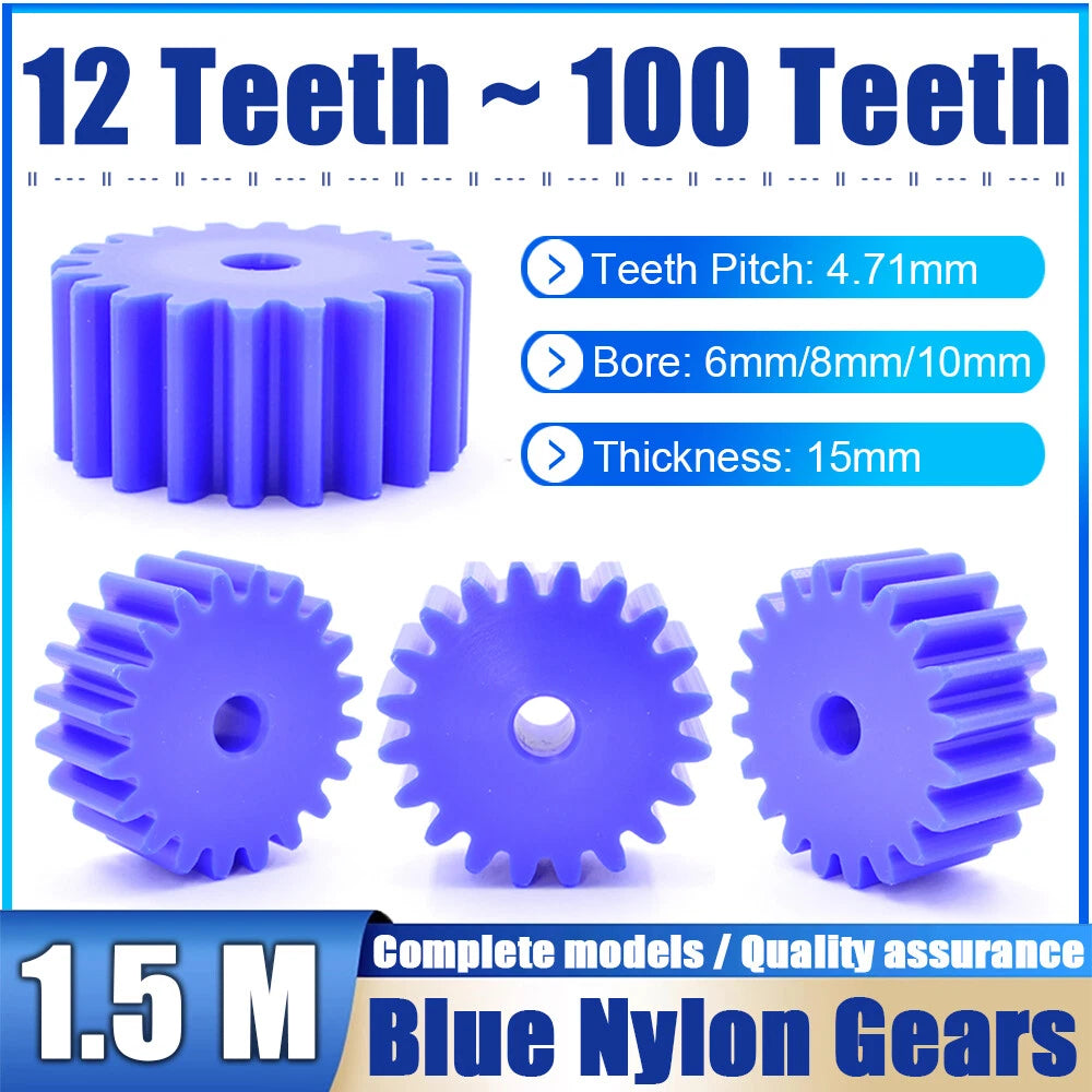 1.5 Modulus Blue Nylon Spur Gear, Flat Gears 12 to 100 Teeth, 6mm/8mm/10mm Bore