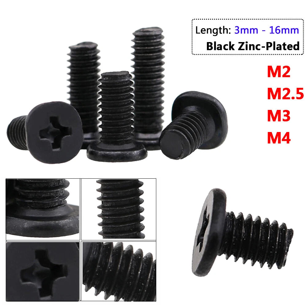 Phillips Flat Head Machine Screws — M2 M2.5 M3 M4, Black Zinc-Plated, Laptop & Electronics