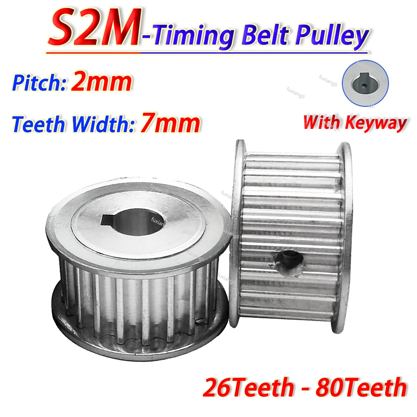 S2M 26T-80T Timing Belt Pulleys Pitch 2mm AF-type With Keyway Pulley Width 7mm
