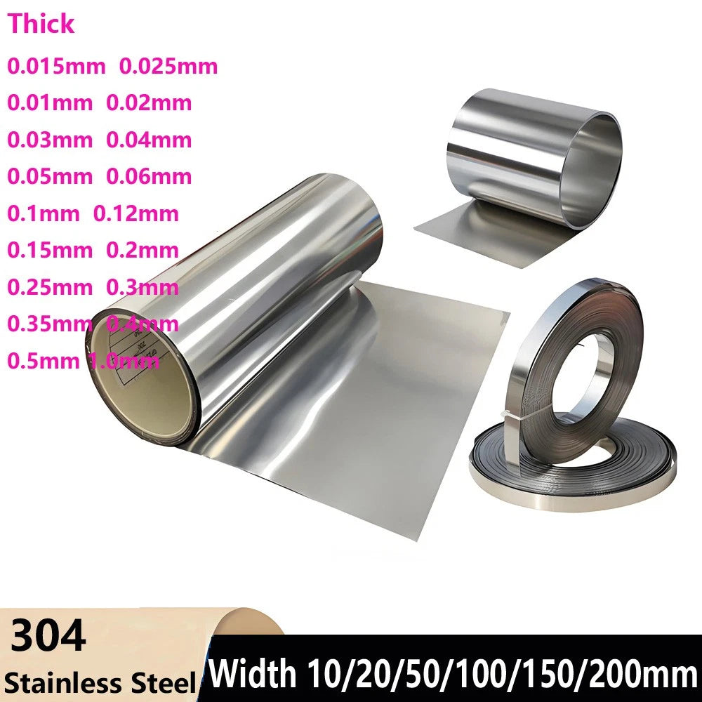 1M 304 Stainless Steel Band Sheet Foil Thin Steel Plate Strip 0.015mm-1mm Thick