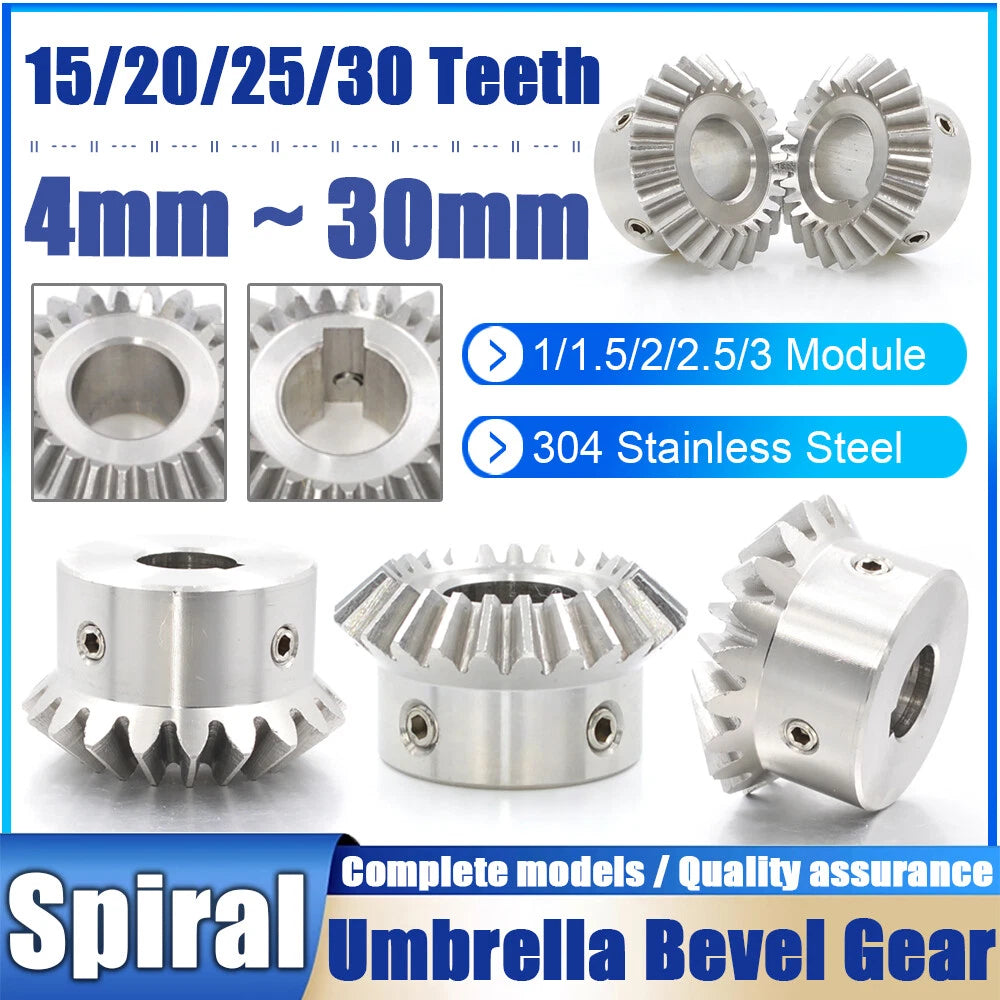 1-3 Module 15-30 Teeth Stainless Steel Umbrella Bevel Gear 90° Angle, Ratio 1:1