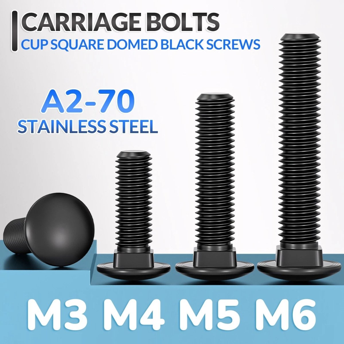 Black Carriage Bolts M3 M4 M5 M6 — Cup Square Domed Head, A2 - 70 Stainless Steel - HomeDIYer