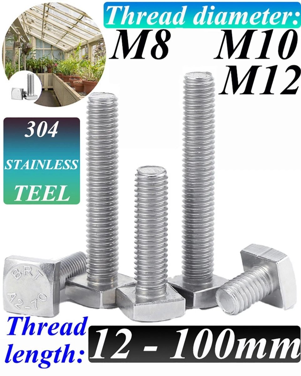M8 M10 M12 Square Head Bolts Full Threaded 304 Stainless Steel 12–100mm - HomeDIYer