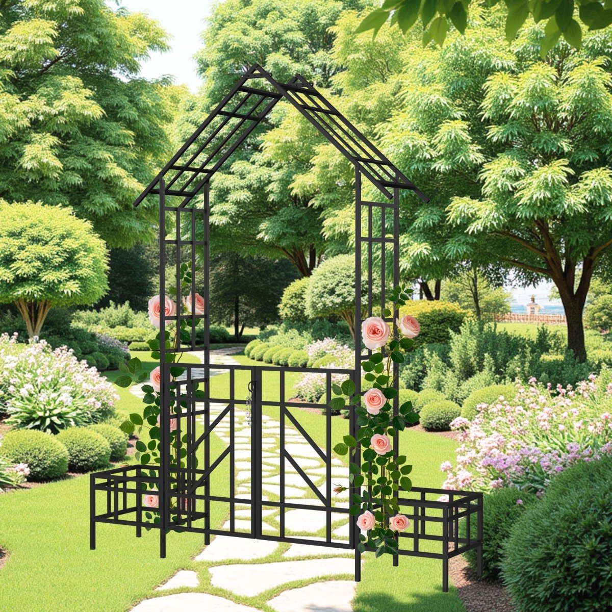Metal Garden Arch with Gate with planter W80.71*H97.24 Climbing Plants Support Rose Arch Outdoor Black - HomeDIYer
