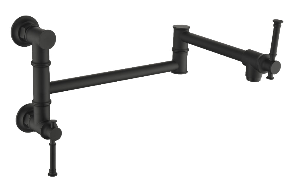 Wall Mounted Pot Filler Faucet – Matte Black, Two-Attachment Folding Swing Arm, Dual Handle, Solid Brass