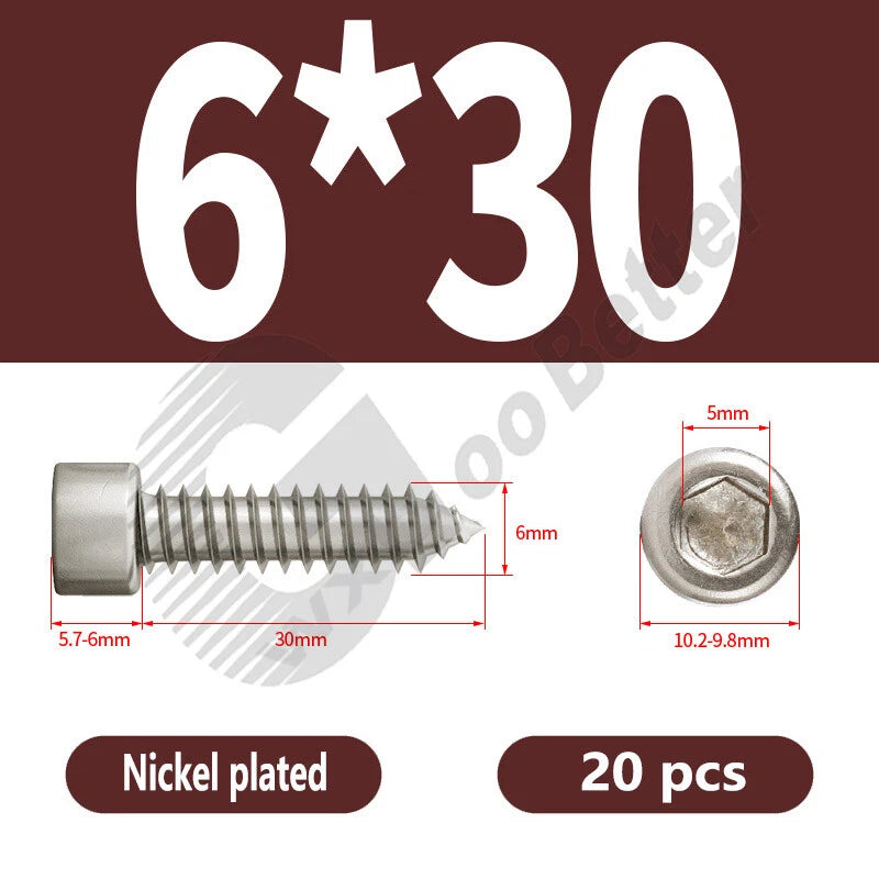 M1.7 M2 M2.3 M2.6 M3 M3.5 M4 M5 M6 Socket Head Self‑Tapping Screws – Alloy Steel, Nickel or Black Zinc