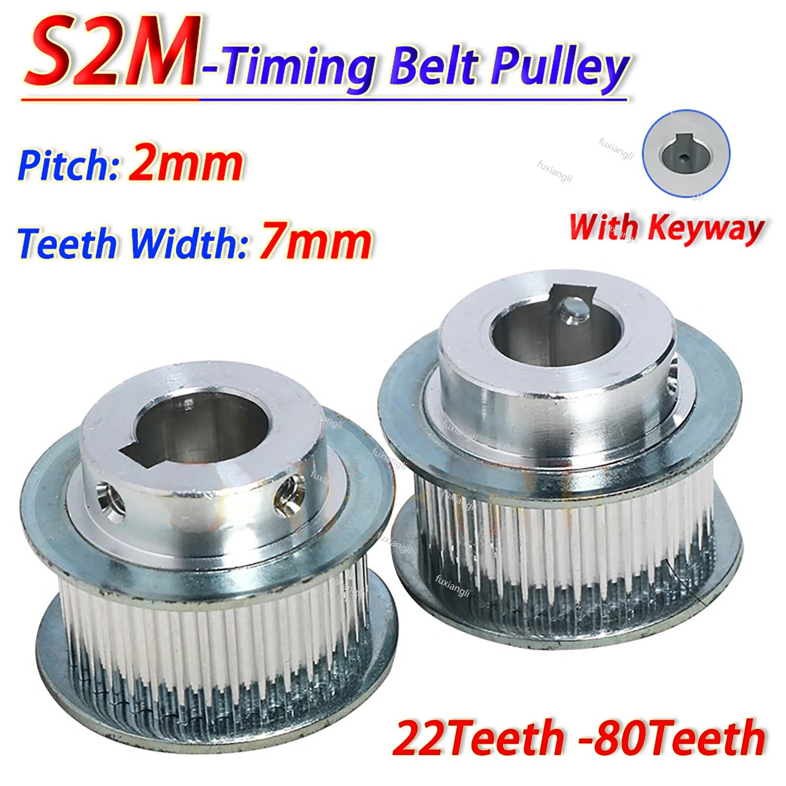 S2M 22T-80T Timing Belt Pulley Pitch 2mm With Step/Keyway Drive Pulley Width 7mm
