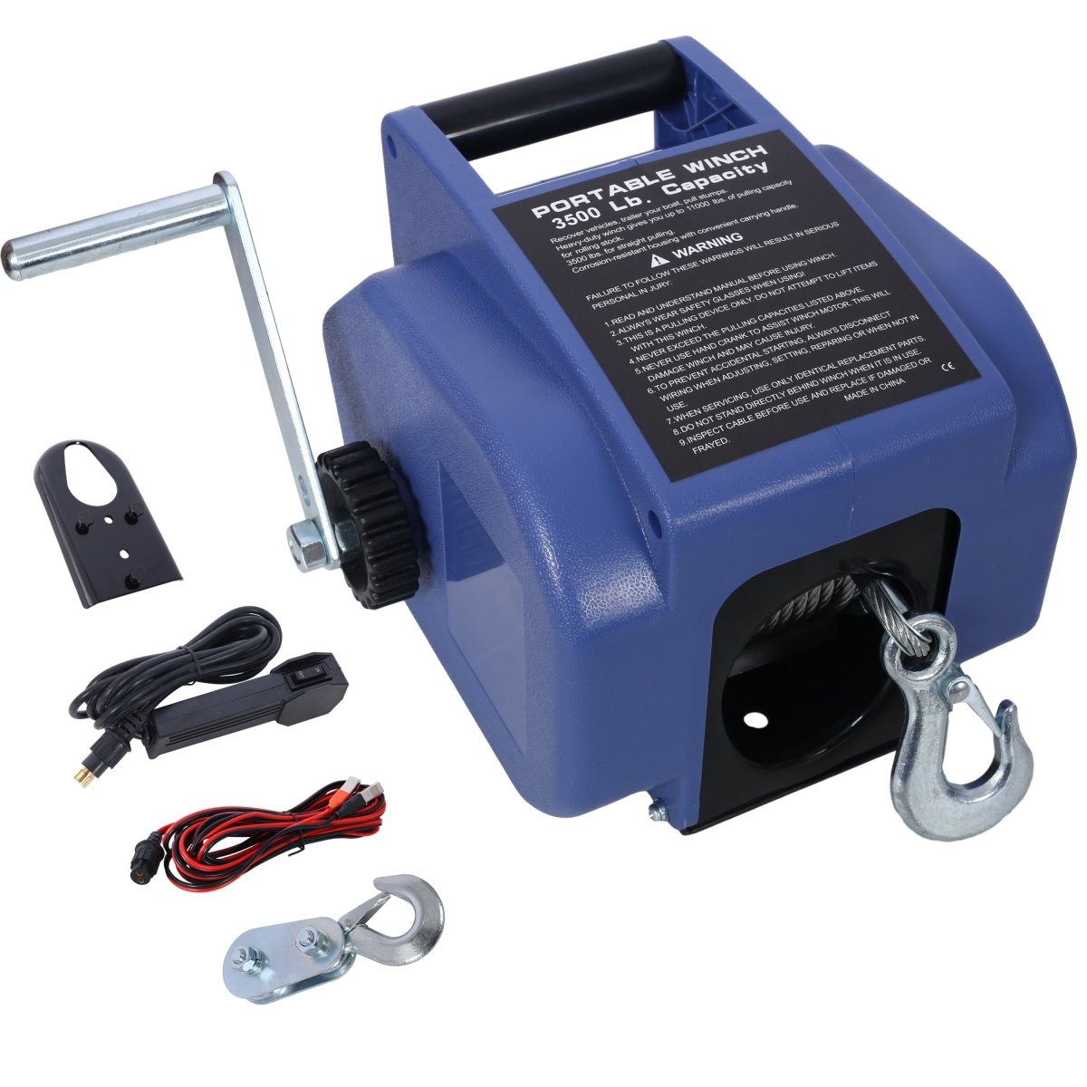 12v Trailer Winch,Reversible Electric Winch, for Boats up to 6000 lbs.Galvanized Wire Rope,with extra pulley hook,power in and power out,with manual function.blue plastic casing - HomeDIYer