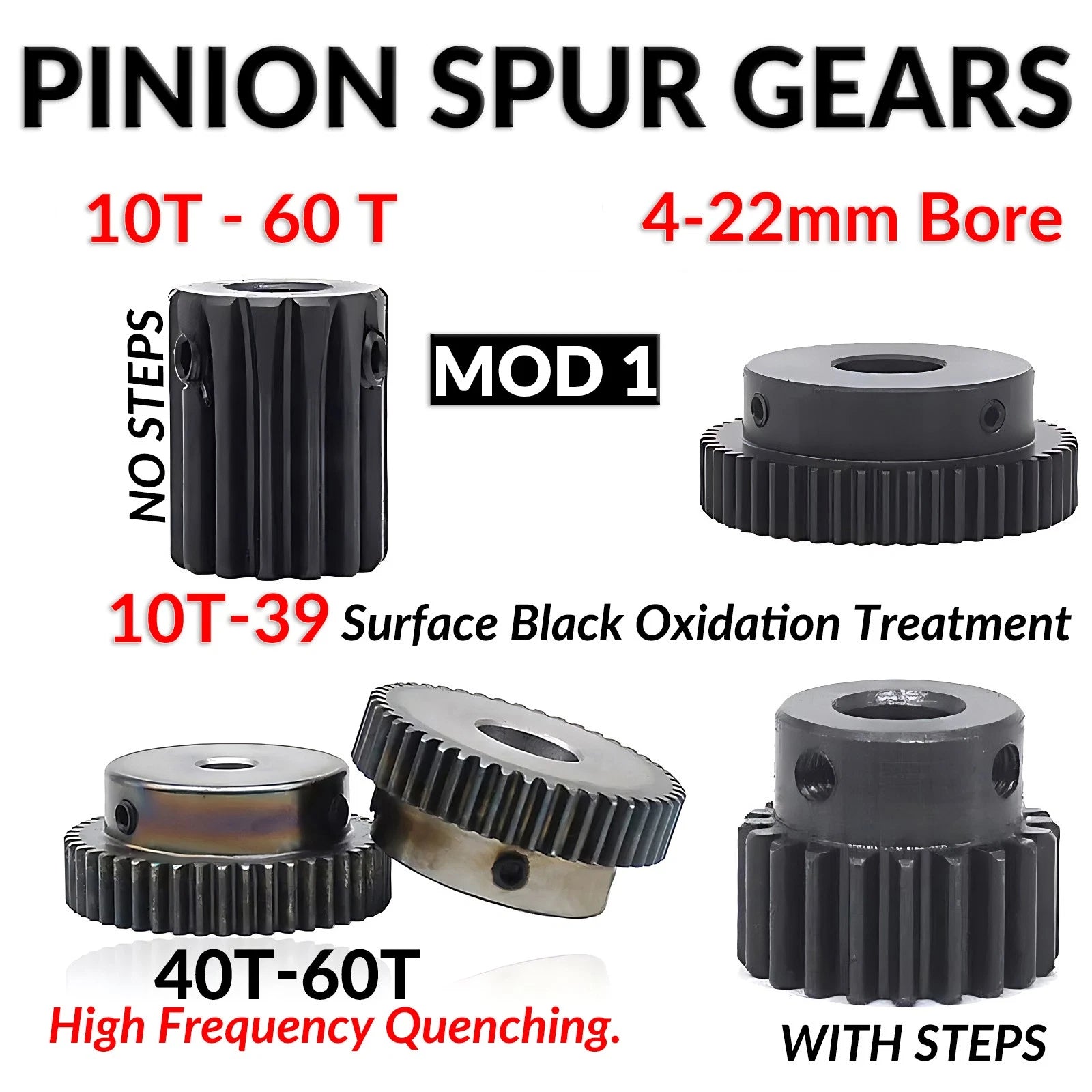 Mod 1 45# Steel Pinion Gear Spur Gears 10-60 T 14-50mm Bore With Step Motor Gear