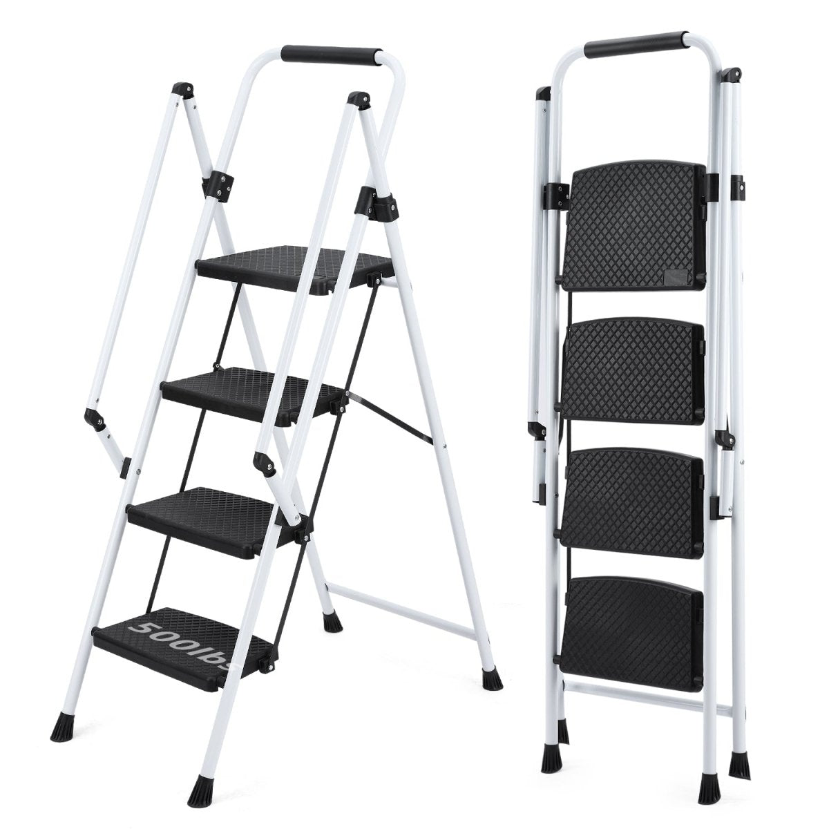 White four - step ladder, light folding four - step stool, wide anti - skid pedal and safety handle, strong steel ladder, multi - purpose ladder, applicable to family, kitchen, office elevator - HomeDIYer