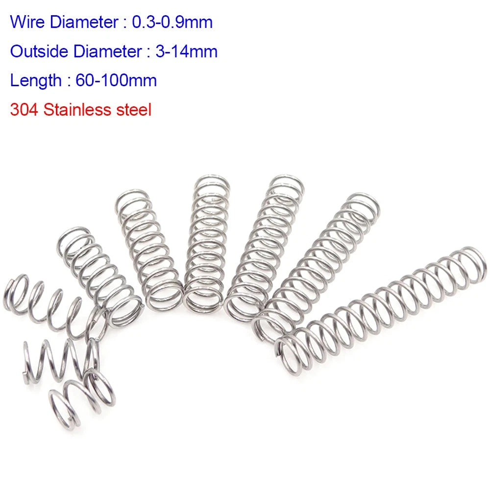 0.3/0.4/0.5/0.6/0.7/0.8/0.9mm 304 Stainless Steel Compression Springs L=60-100mm